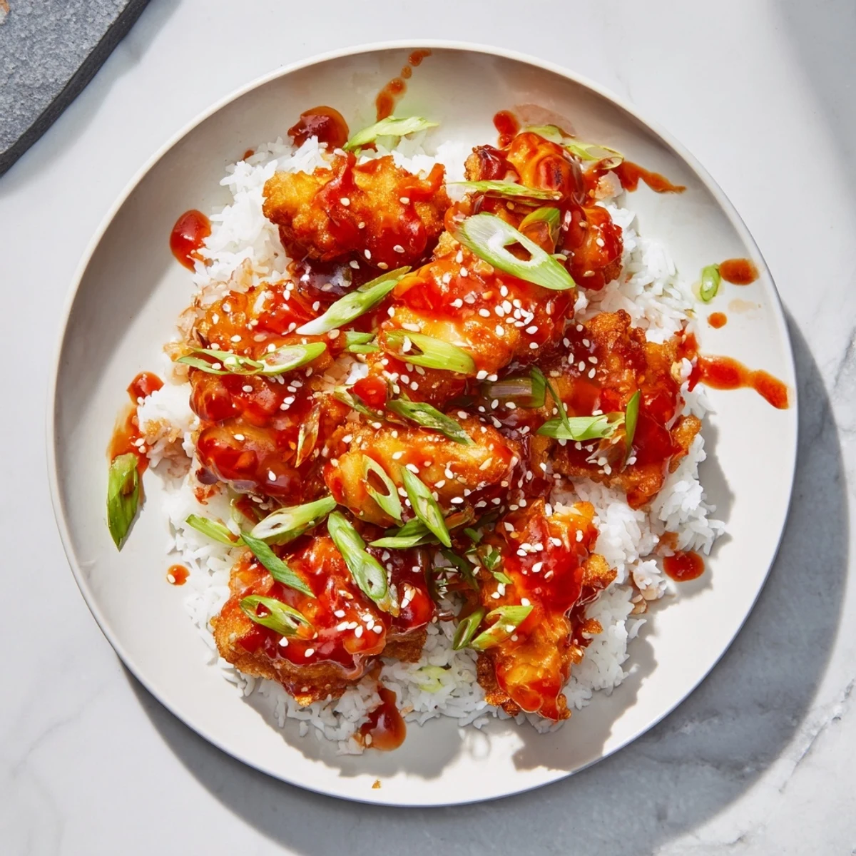 Fluffy jasmine rice topped with golden, sweet and spicy cod strips and a chili-garlic drizzle for a flavorful dinner.