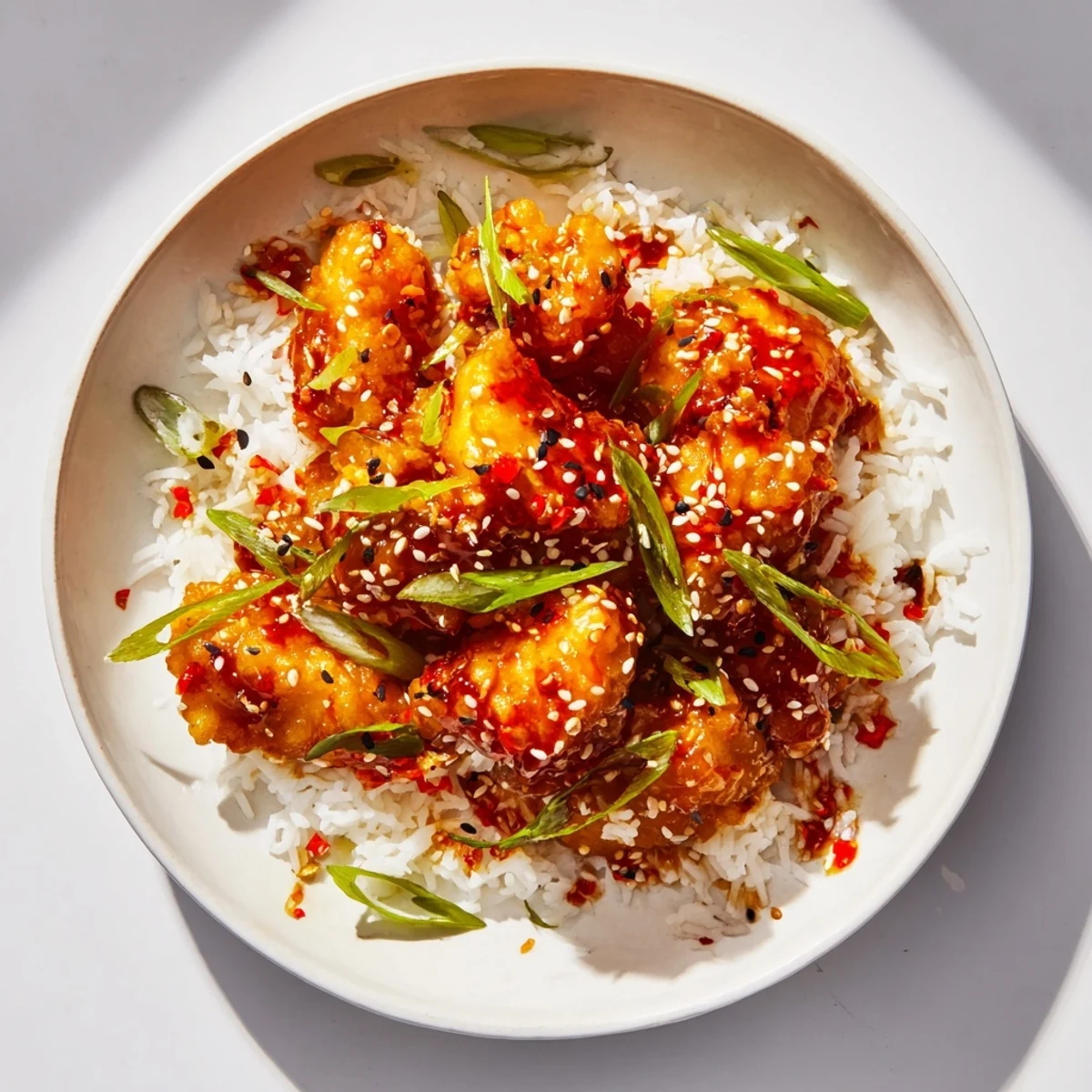 Tender cod pieces tossed in a vibrant chili-garlic drizzle over rice, finished with green onions and sesame seeds.