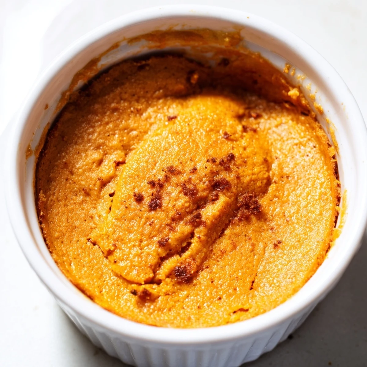 A warm slice of Baked Pumpkin Spice Pudding with creamy texture and a dusting of cinnamon, served in a rustic dish.