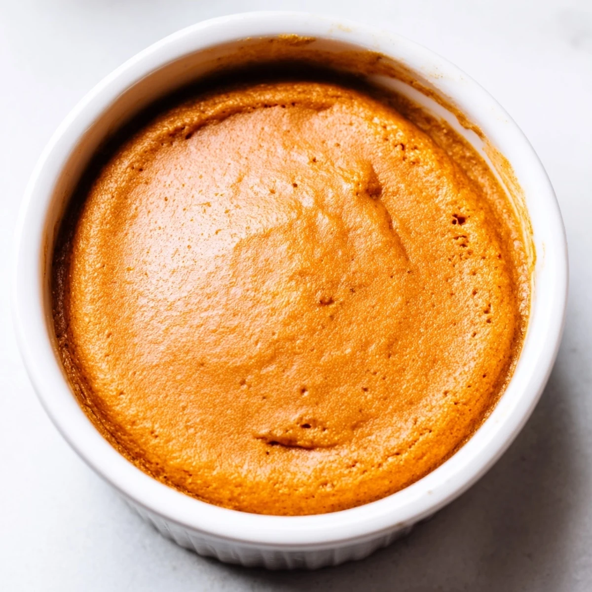 Close-up of golden brown Baked Pumpkin Spice Pudding with whipped cream topping, perfect for cozy autumn gatherings and fall desserts.
