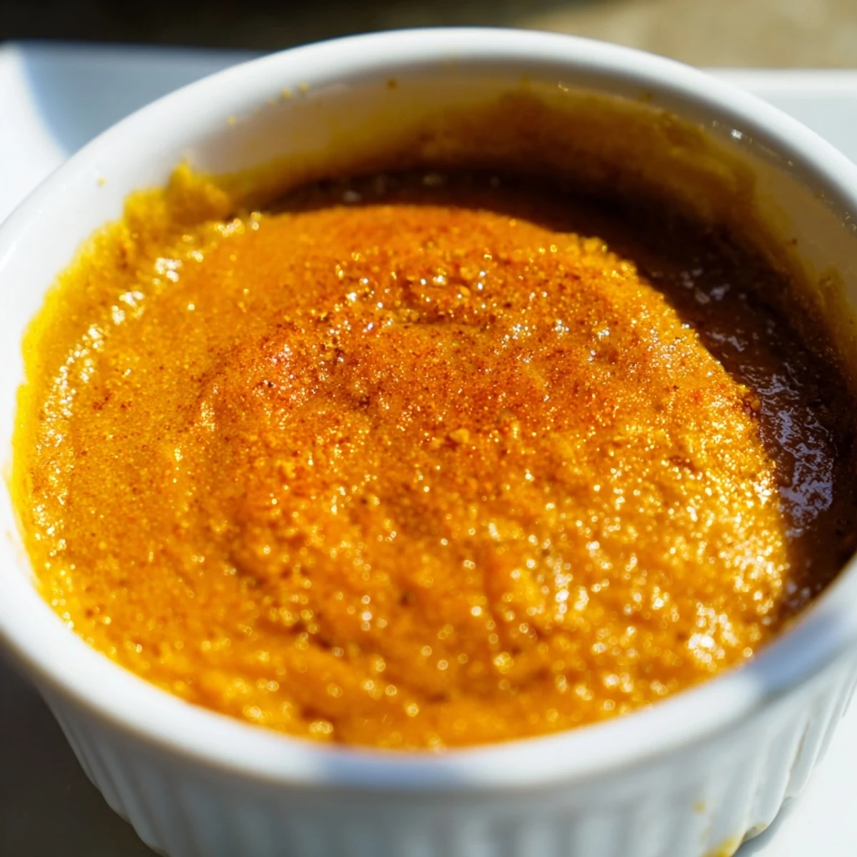 Individual ramekins of baked pumpkin pudding featuring aromatic spices like cinnamon and nutmeg, ideal for seasonal American dessert recipes.