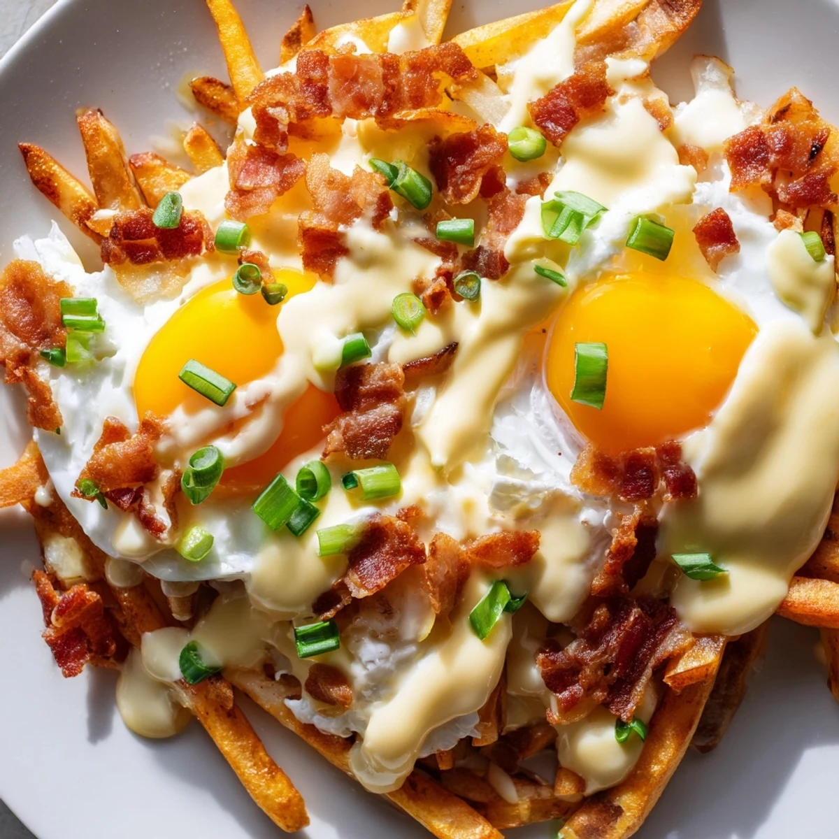 A serving dish holds crispy fries and savory bacon crumbles, generously drizzled with homemade lemony Hollandaise sauce for a decadent Ultimate Breakfast Poutine.
