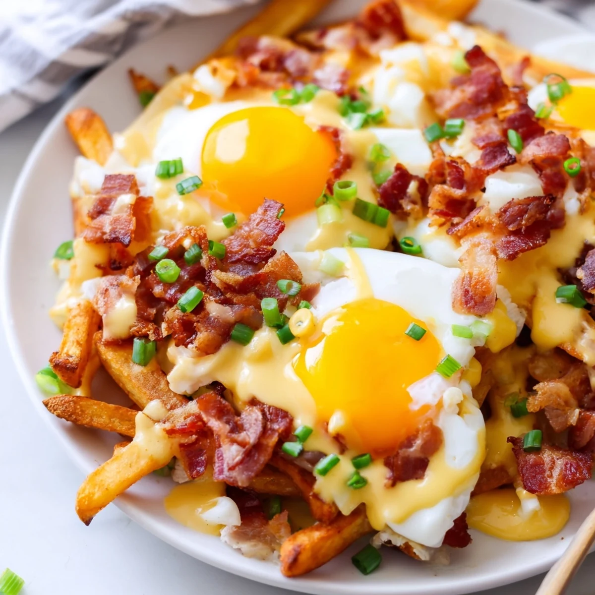Freshly baked golden russet potato fries topped with melted cheese curds and sunny-side-up eggs for a hearty Ultimate Breakfast Poutine with Creamy Hollandaise Sauce.
