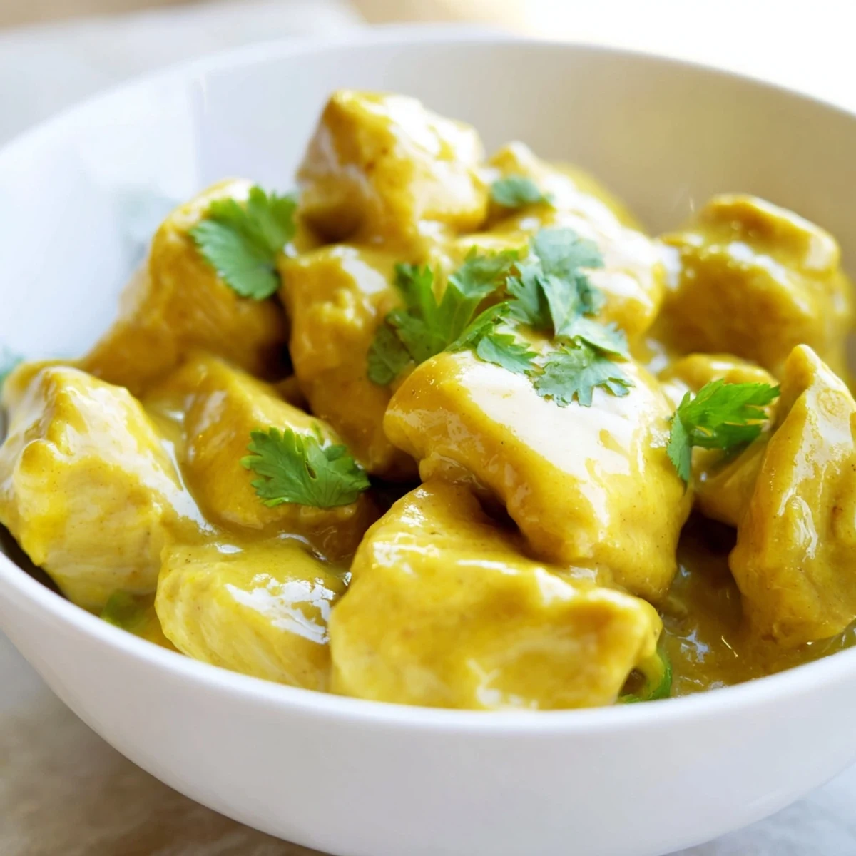 Creamy, tender chicken and golden mango curry simmered in coconut milk for a sweet and savory delight.