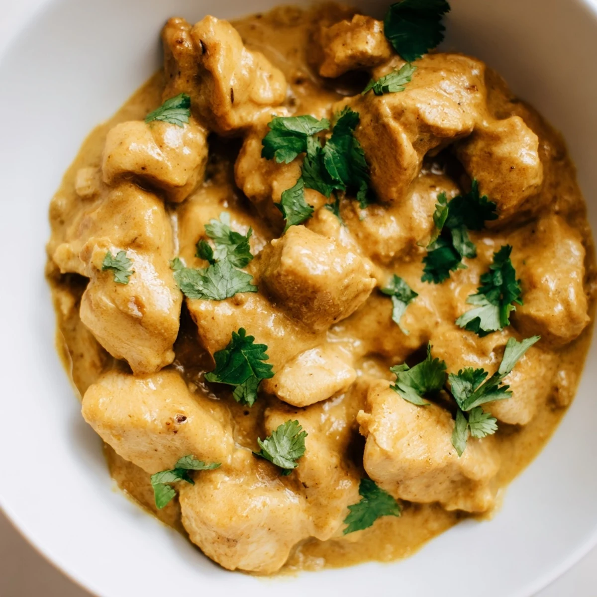 Mango Chicken Curry served over steamed basmati rice with fresh cilantro garnish on a rustic table.