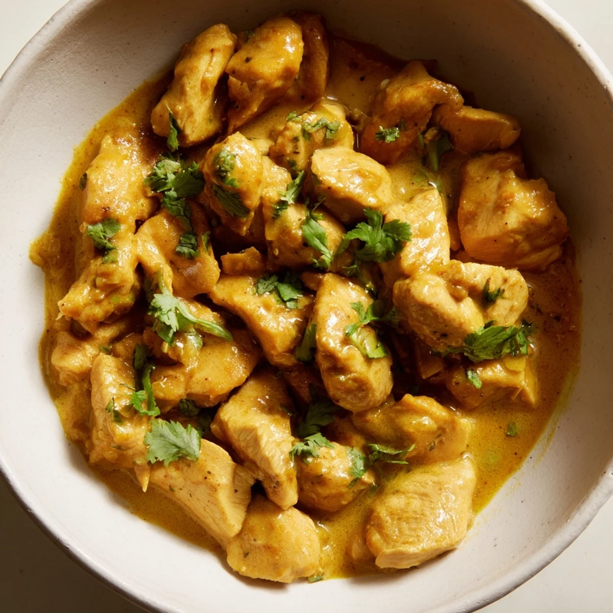 A vibrant bowl of Mango Chicken Curry featuring juicy chicken chunks and a rich, aromatic, tropical sauce.