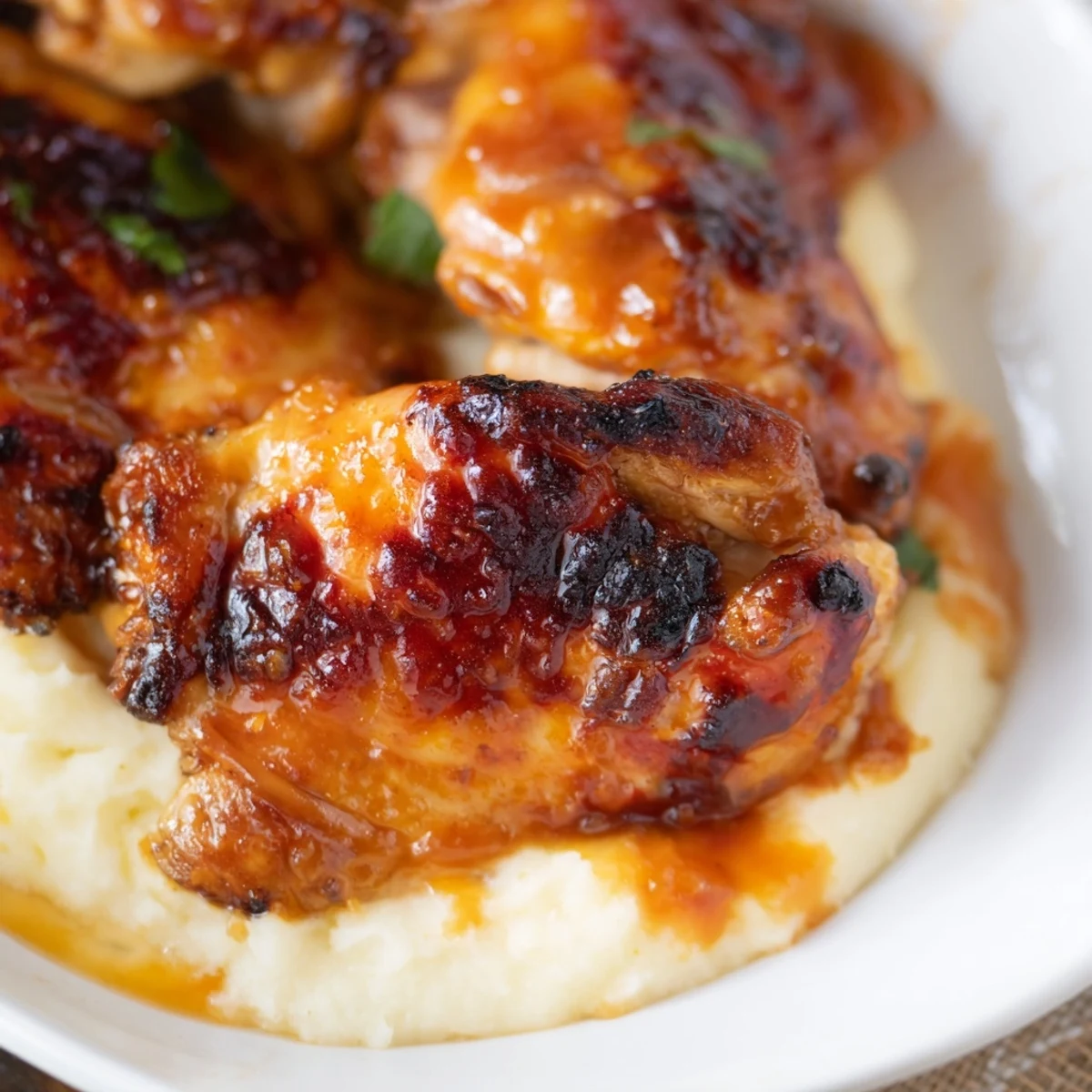 Tender roasted chipotle honey chicken thighs with crispy skin over a bed of rich, cheesy smoked Gouda potatoes.