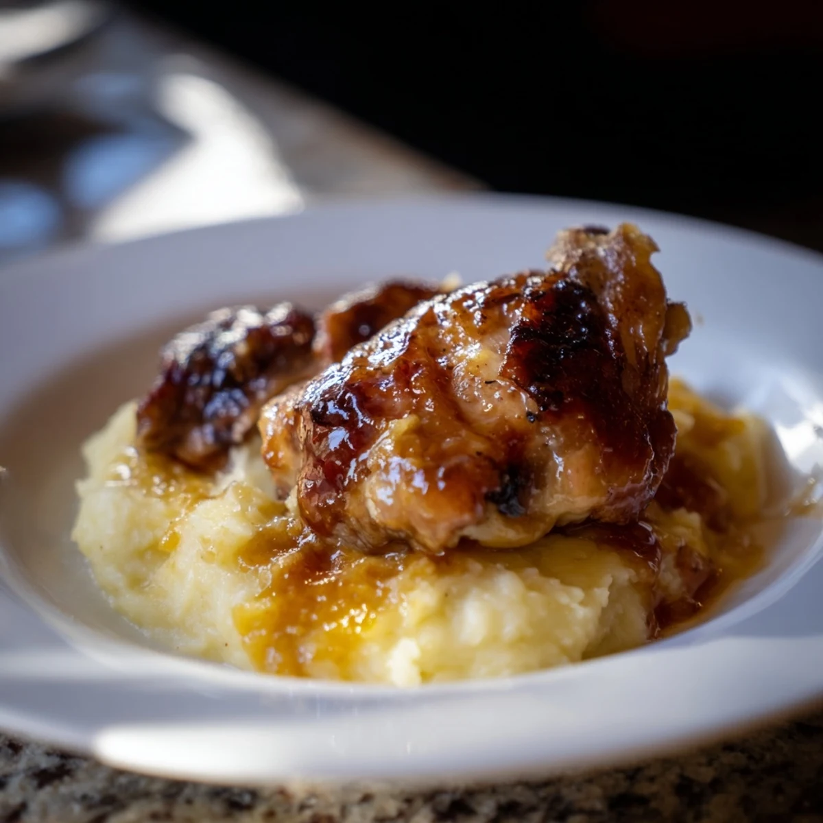 A close-up of juicy chipotle honey chicken thighs paired with fluffy smoked Gouda potatoes, garnished with fresh chives.