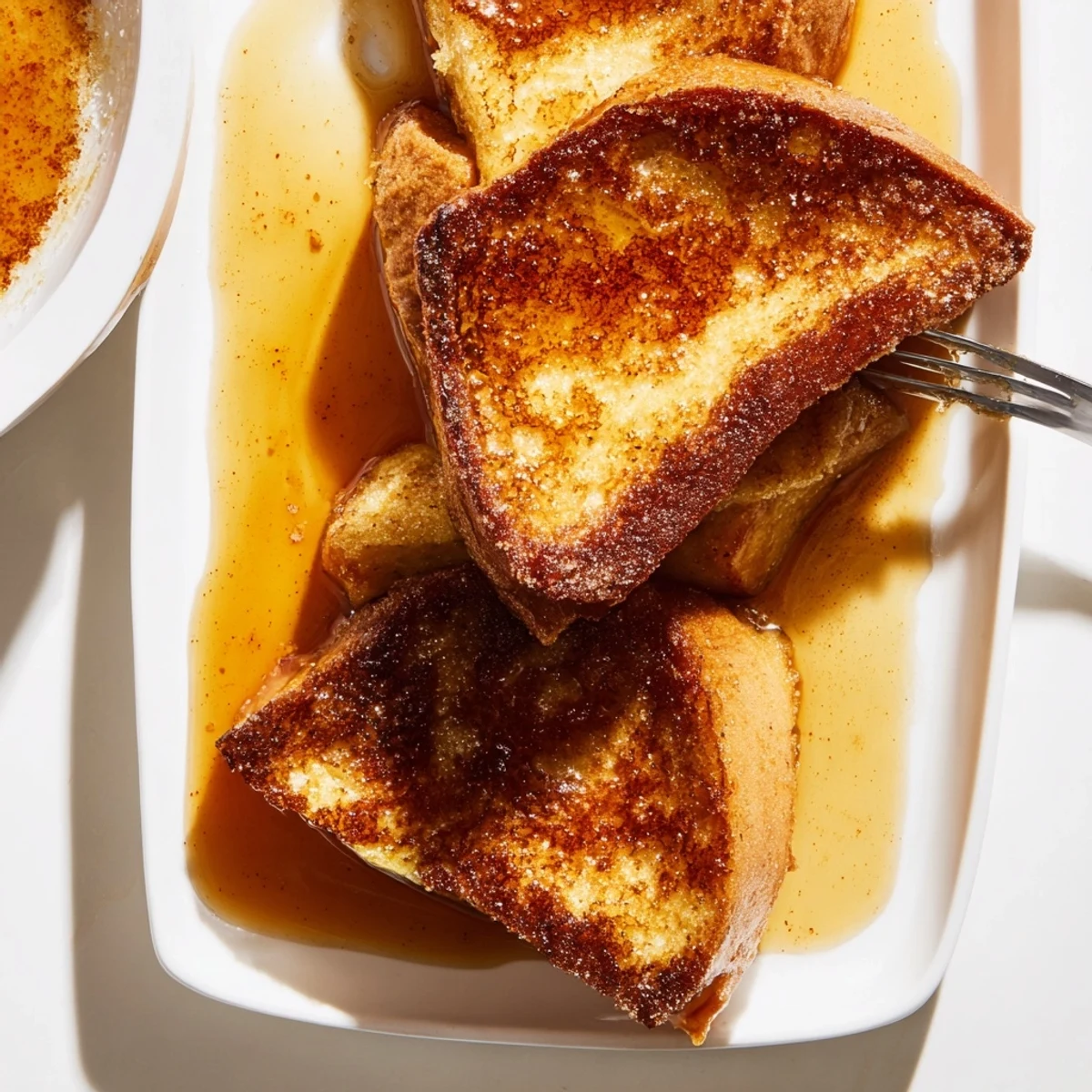 Sliced Crème Brûlée French Toast revealing a soft custard interior, drizzled with extra caramel sauce from the pan.