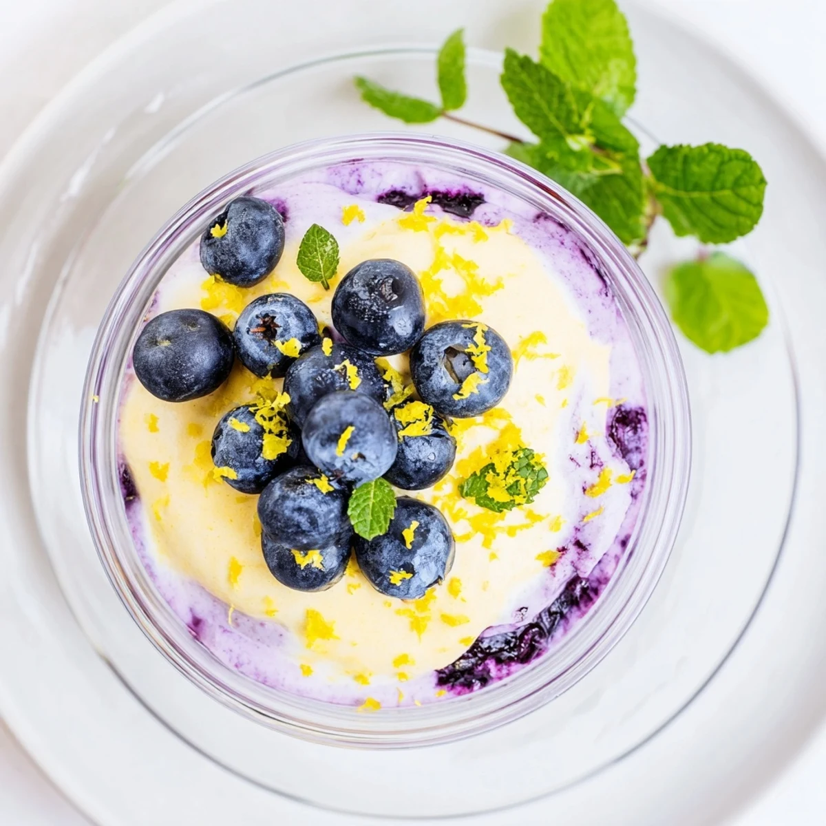 Close-up of Lemon Blueberry Mousse in a glass with layered blueberry compote and creamy lemon mousse.