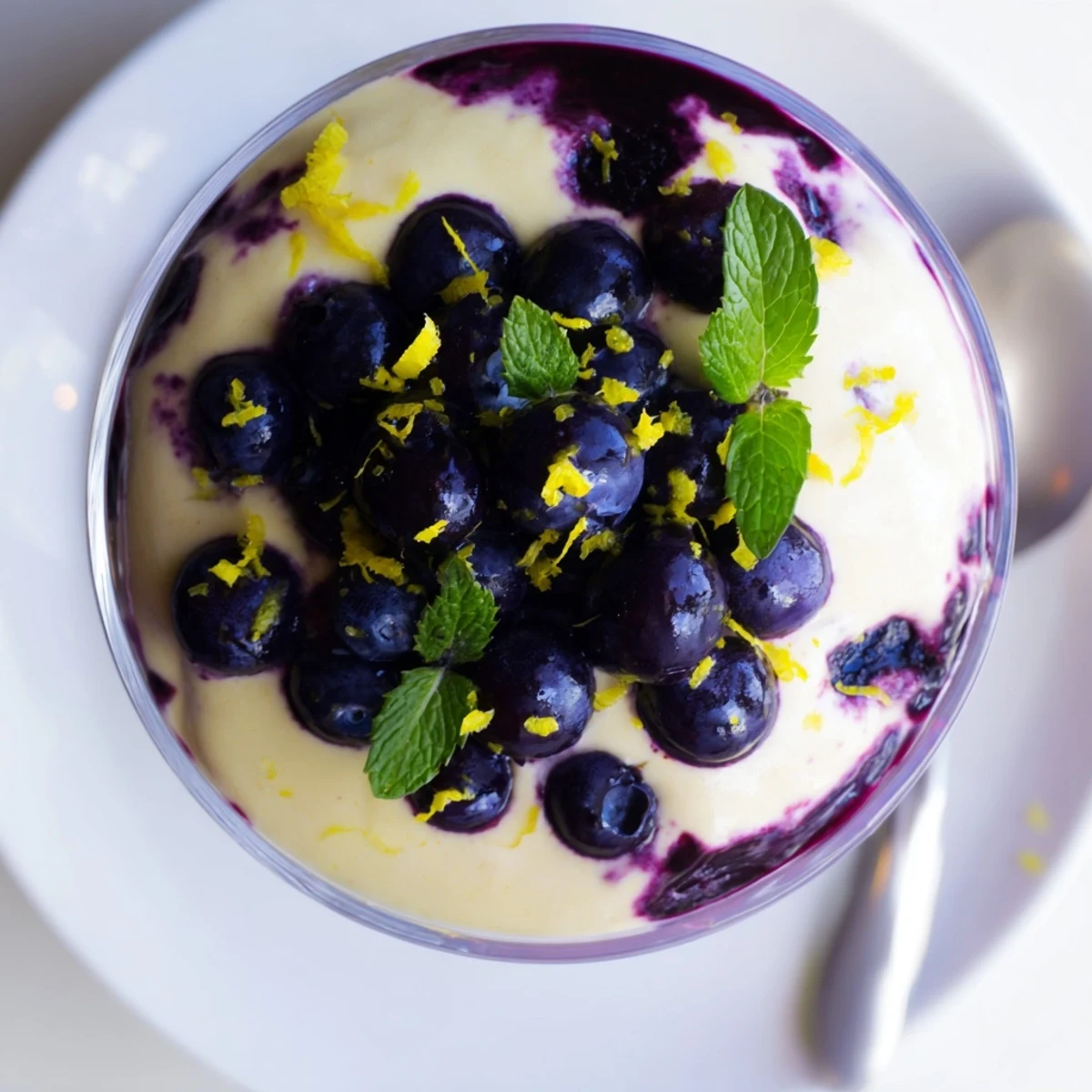 Chilled Lemon Blueberry Mousse dessert served in a clear glass with a spoon nearby for U.S. food bloggers.
