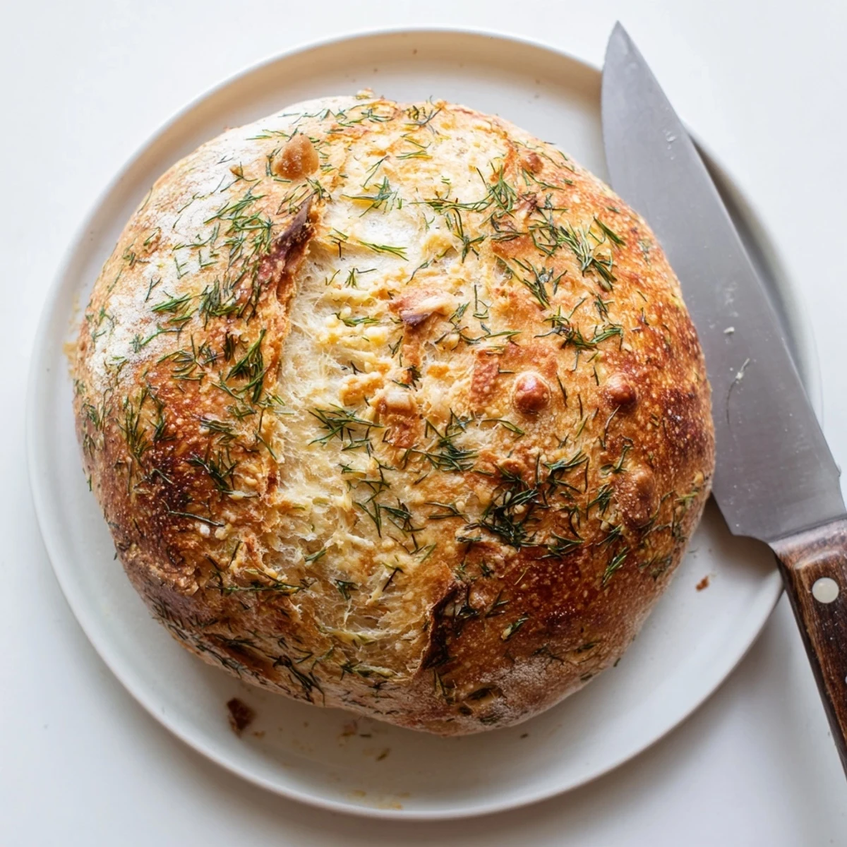 Warm slice of No Knead Dill Gouda Artisan Bread reveals a soft, cheesy crumb.