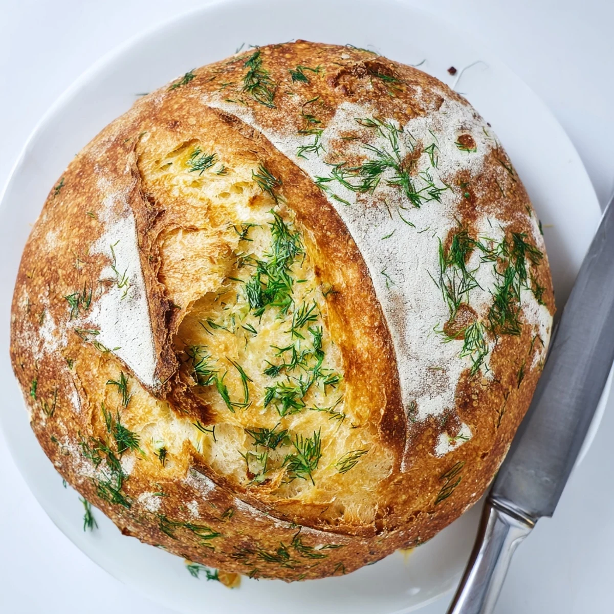Golden No Knead Dill Gouda Artisan Bread loaf rests on a rustic cutting board.