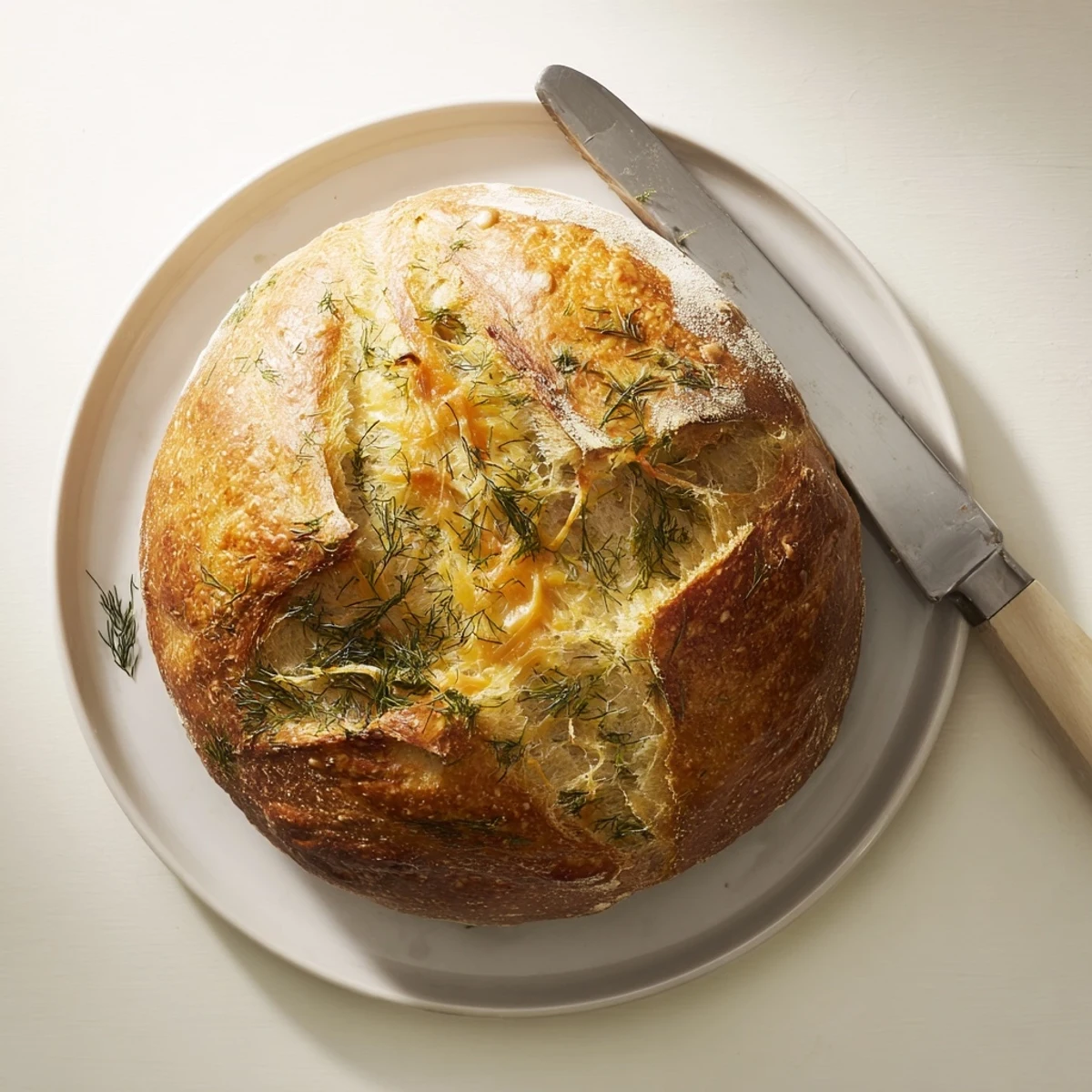 Aromatic No Knead Dill Gouda Artisan Bread displays a crackly crust and herb flecks.