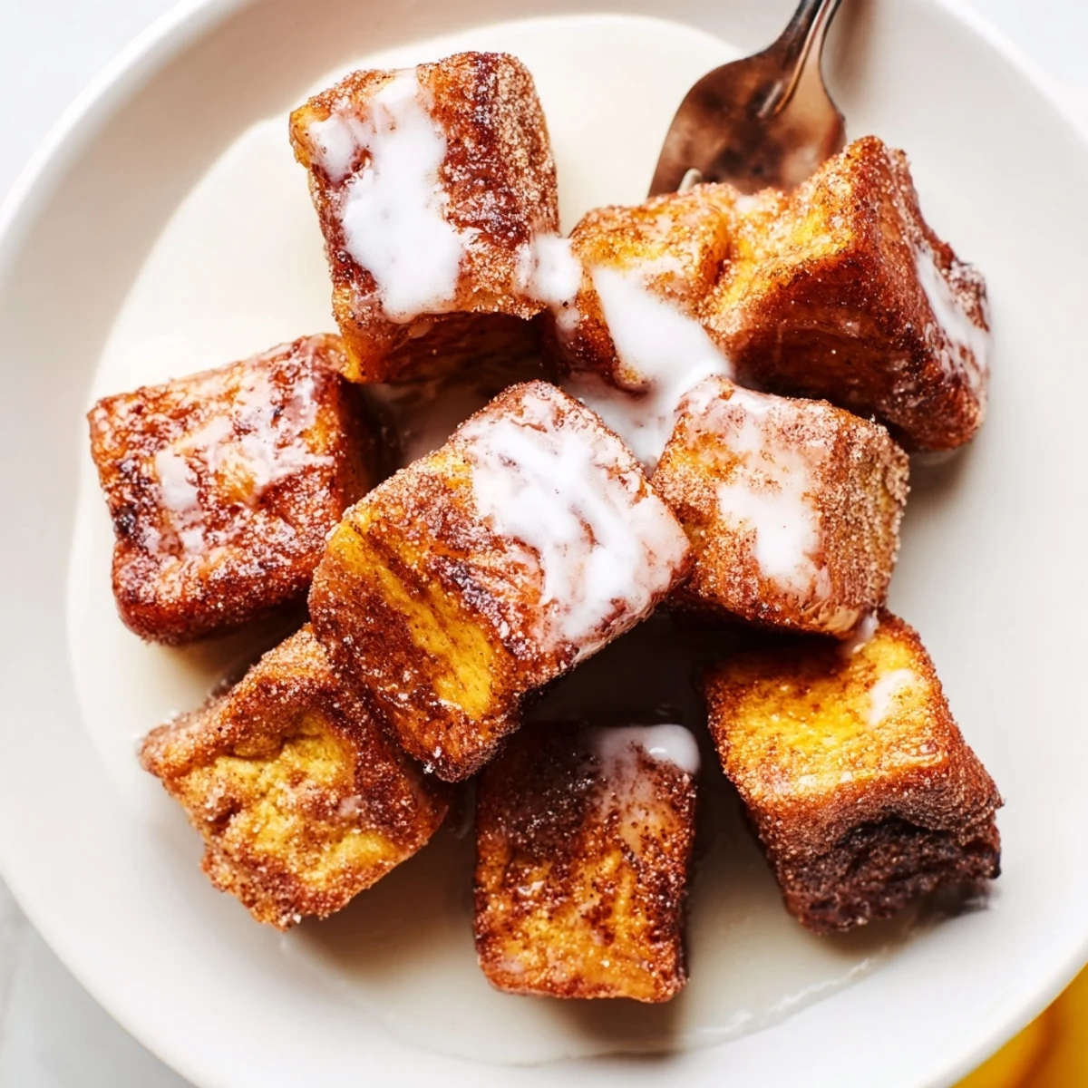 Cinnamon Roll French Toast Bites dusted with sweet glaze on a white plate for breakfast.