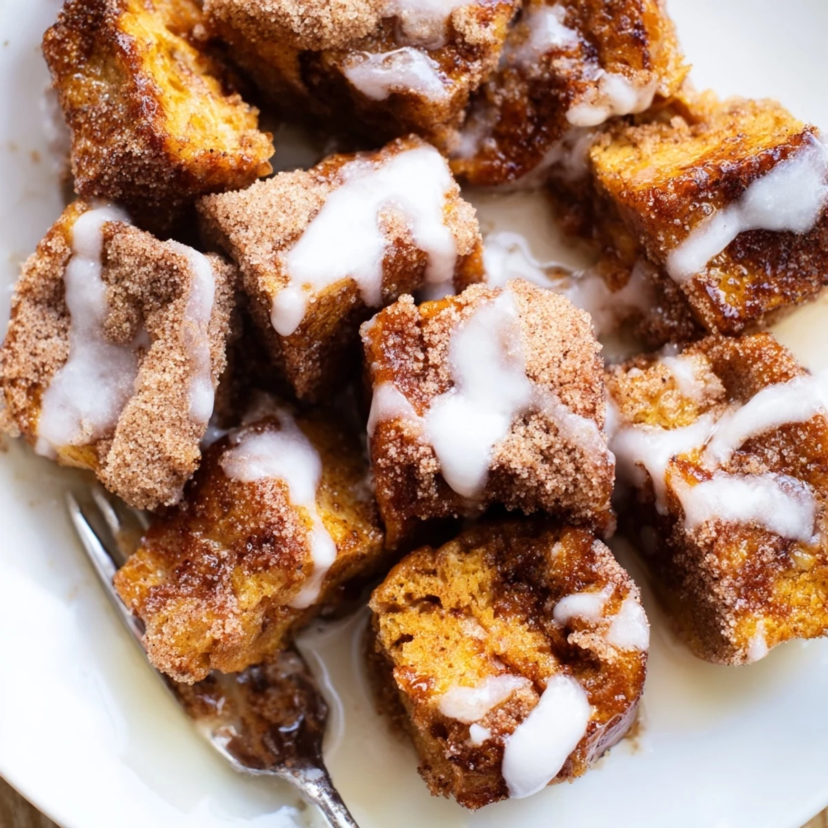 Golden brown Cinnamon Roll French Toast Bites stacked high, ready to be drizzled with maple syrup.