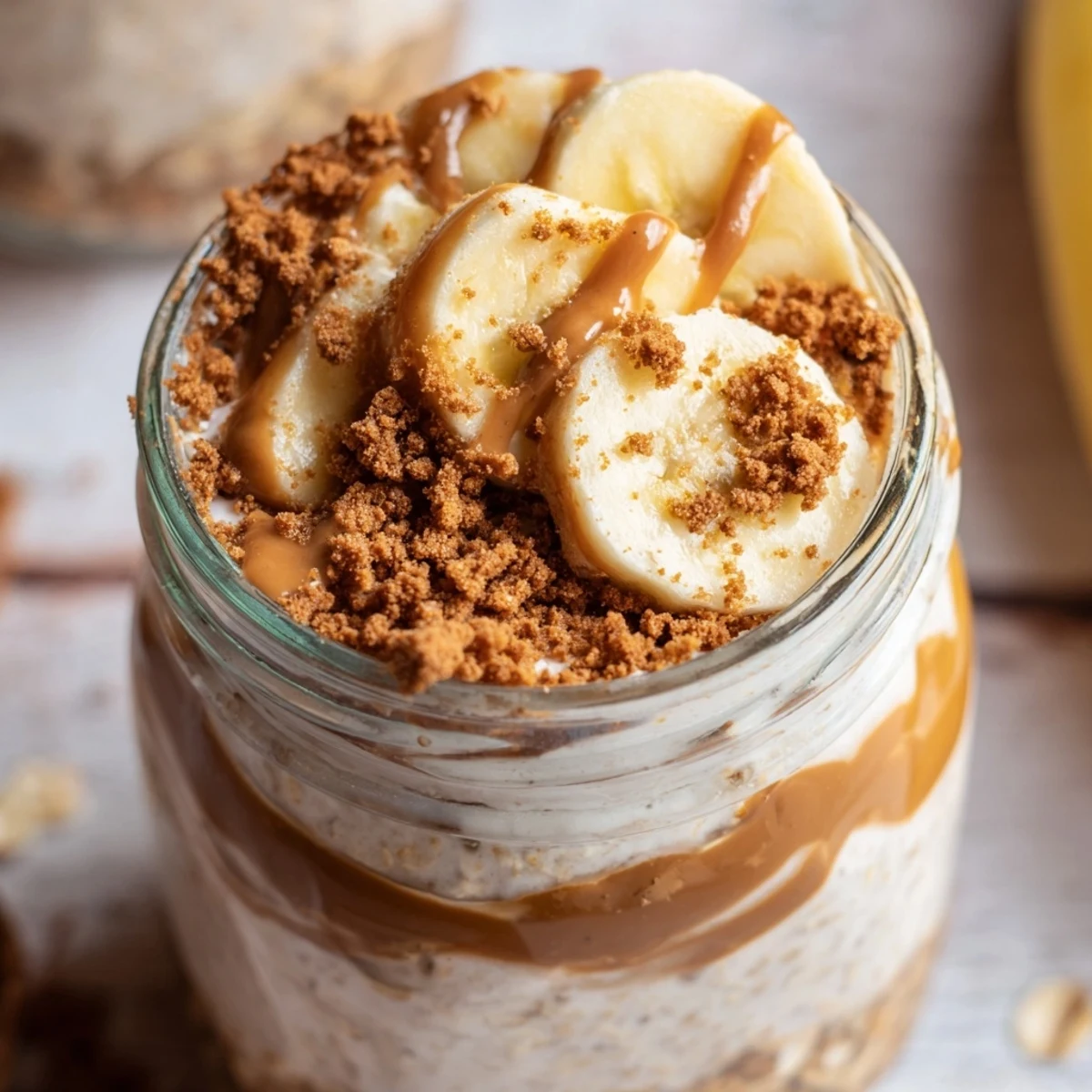 A close-up of chilled Quick Biscoff Overnight Oats topped with fresh berries and a drizzle.