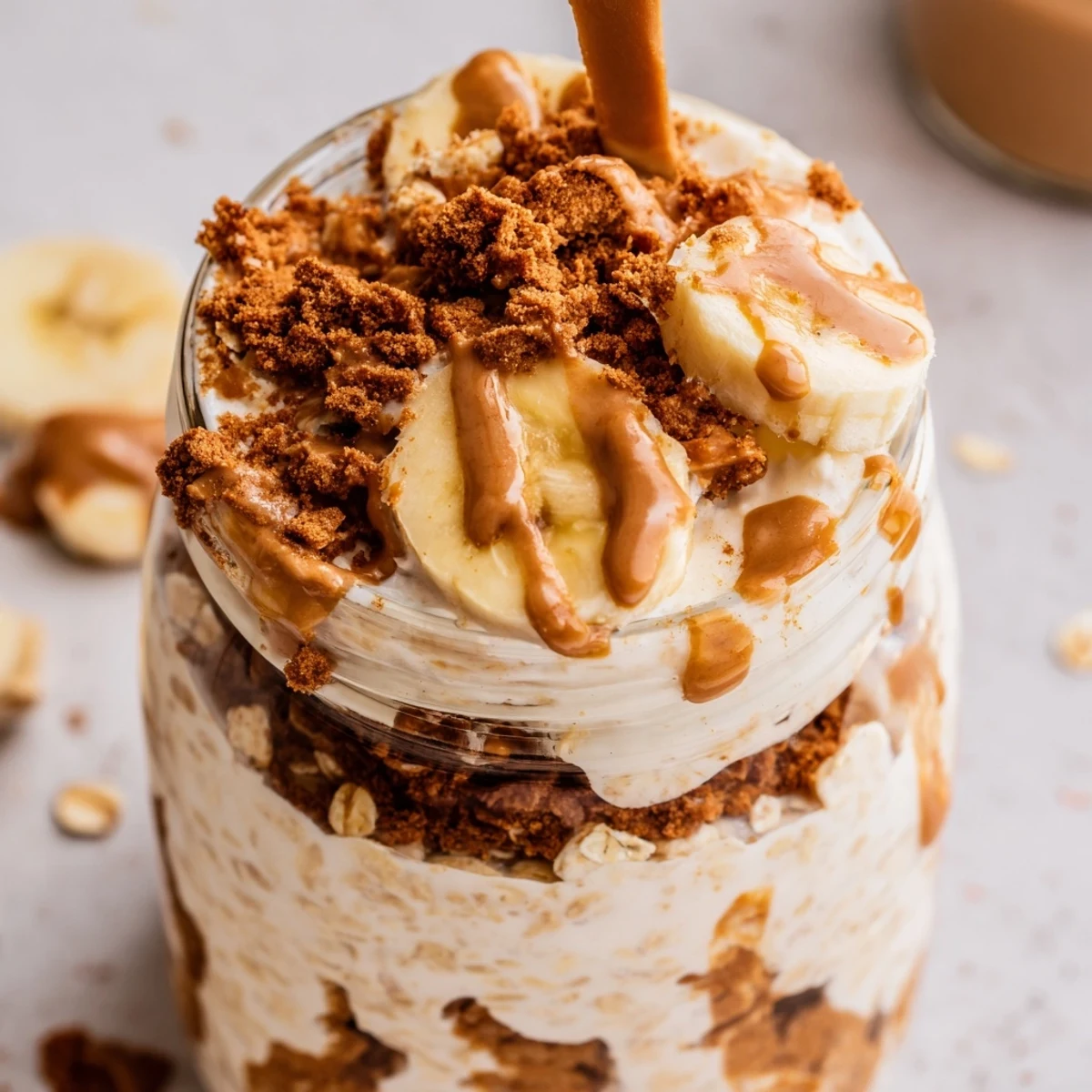 Ready-to-eat Quick Biscoff Overnight Oats served in a glass with a spoon and morning coffee.