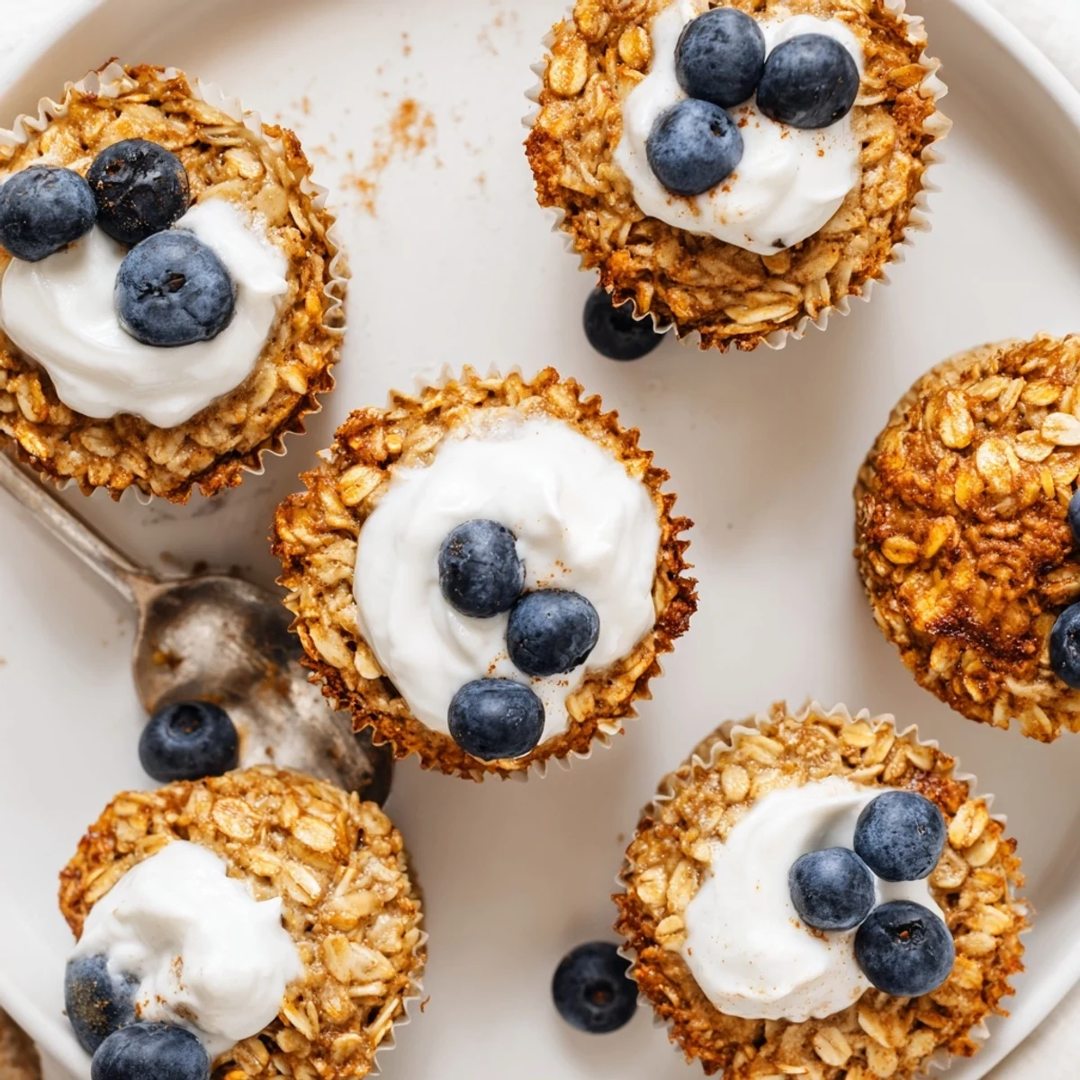 Hearty Baked Oatmeal Cups with Greek Yogurt are arranged in a muffin tin, with a golden-brown texture and a dollop of creamy topping.