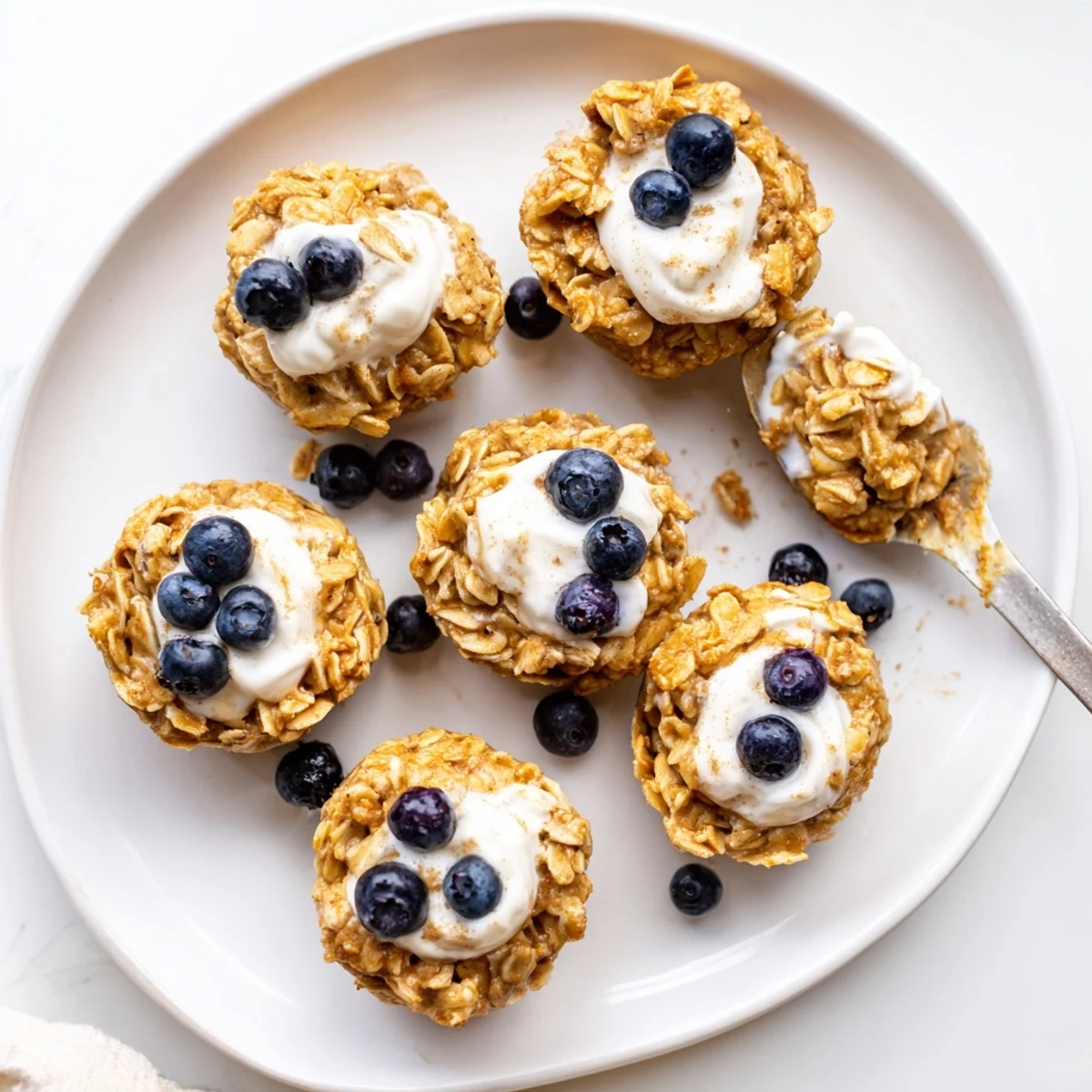 Freshly baked oatmeal cups cooling on a wire rack, topped with sweet Greek yogurt and fresh berries for a wholesome breakfast.