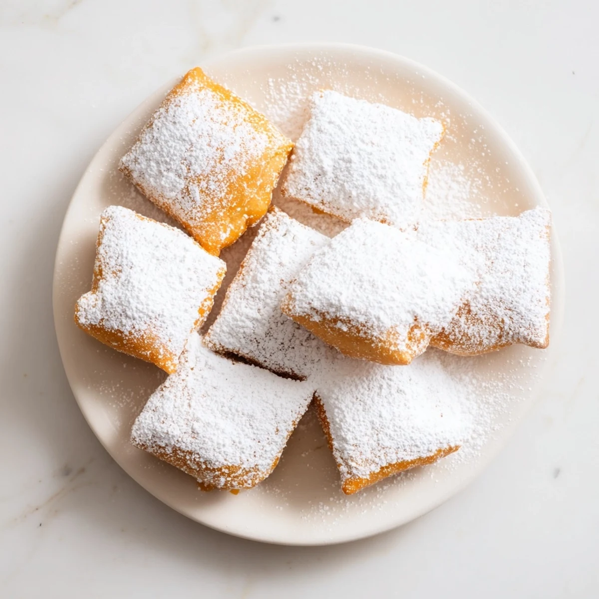 Golden Vanilla French Beignets dusted with powdered sugar, served warm alongside a cup of coffee.