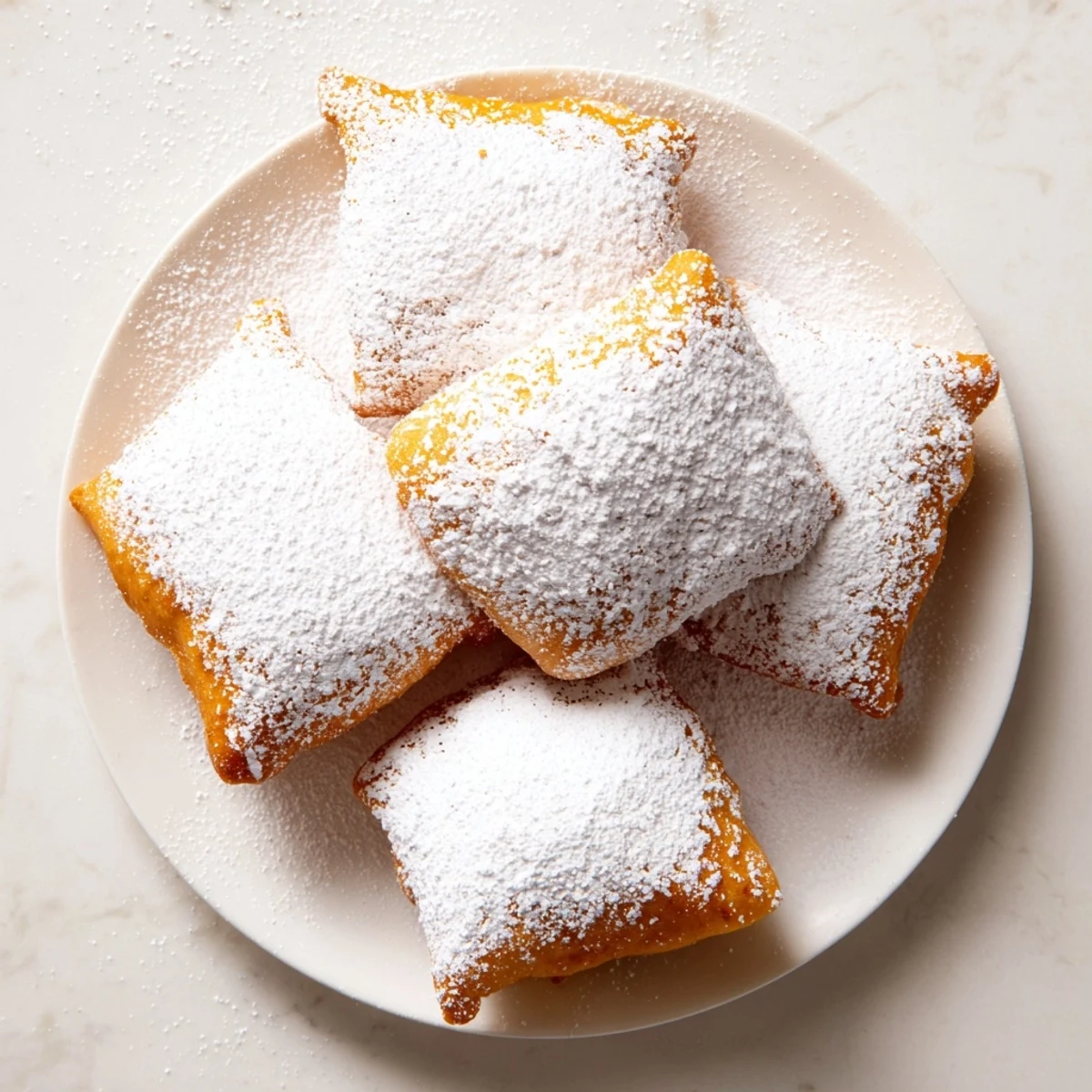 A close-up of pillowy Vanilla French Beignets fried to perfection and resting on a rustic plate.