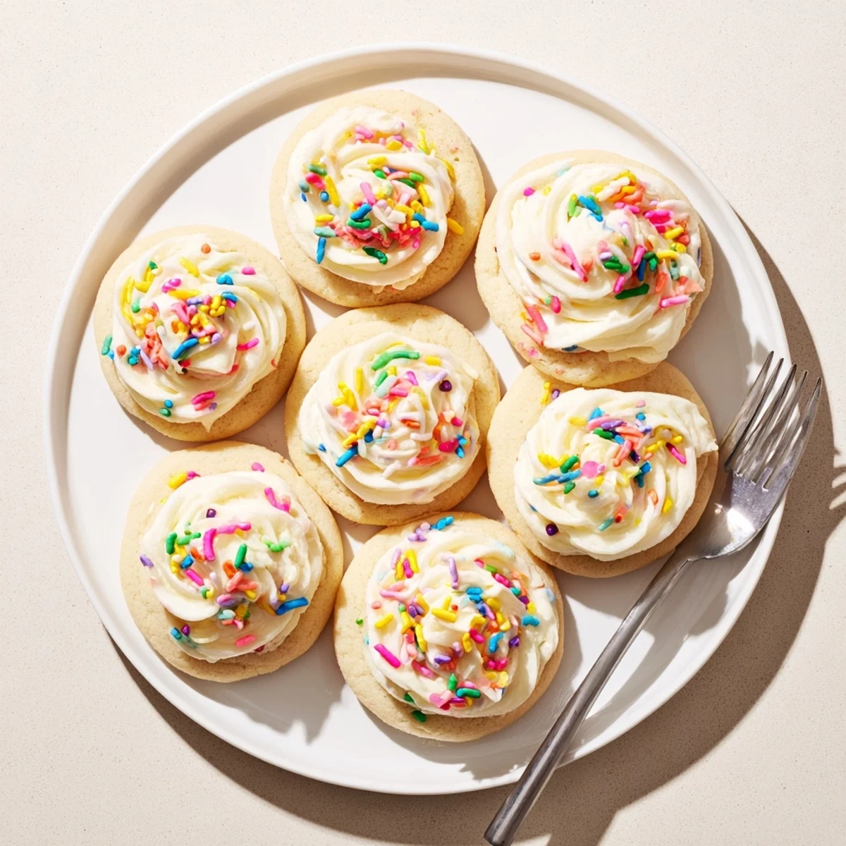 A close-up of Walmart-Style Sugar Cookies with Buttercream Frosting, featuring soft, pale cookies with fluffy white frosting and colorful sprinkles.