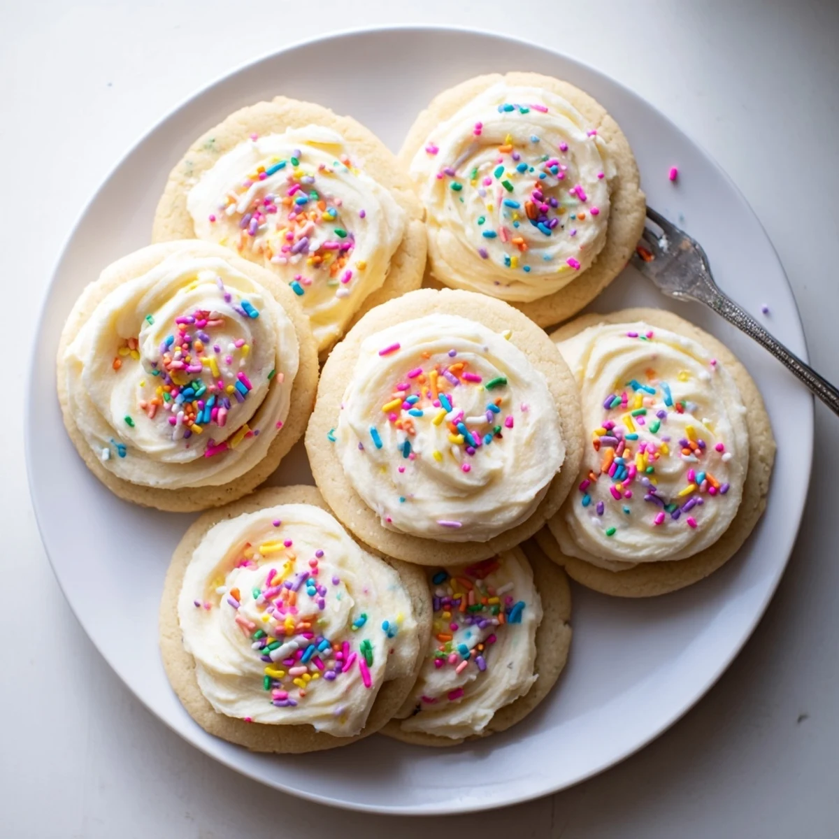 Freshly frosted Walmart-Style Sugar Cookies with Buttercream Frosting on a wire rack, glistening with sprinkles and perfect for a party dessert tray.