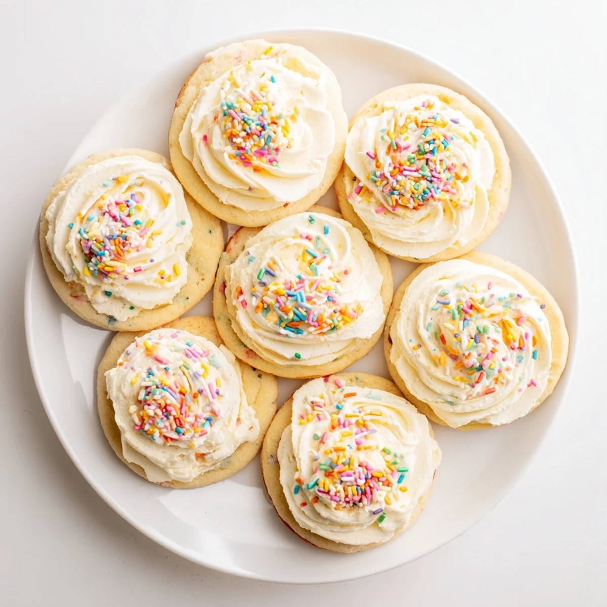 Stack of Walmart-Style Sugar Cookies with Buttercream Frosting on a white plate, showing creamy frosting swirls and a tender crumb ready to serve.