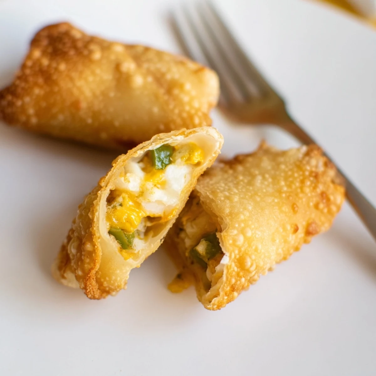 Golden brown Mini Jalapeño Popper Egg Rolls arranged on a white plate, serving with a side of ranch dip.