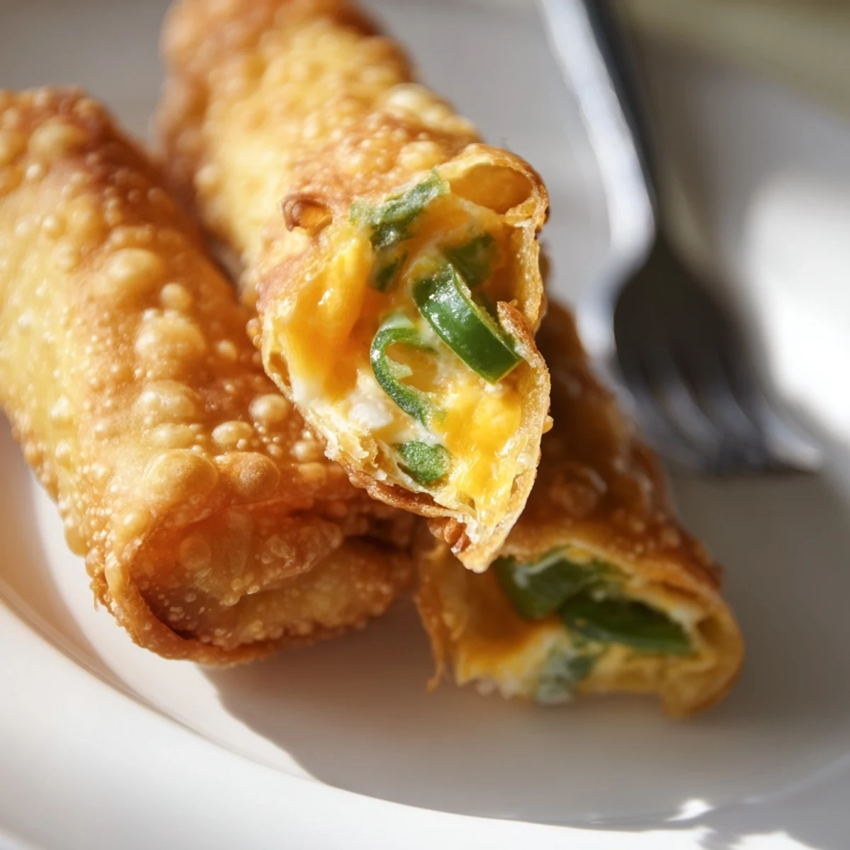 Baked Mini Jalapeño Popper Egg Rolls on a wooden cutting board, garnished with green onions and jalapeño slices.