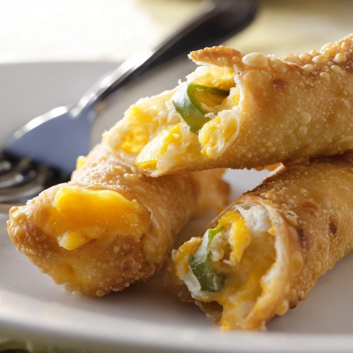 Crispy fried Mini Jalapeño Popper Egg Rolls with creamy filling, served on a platter for party appetizers.