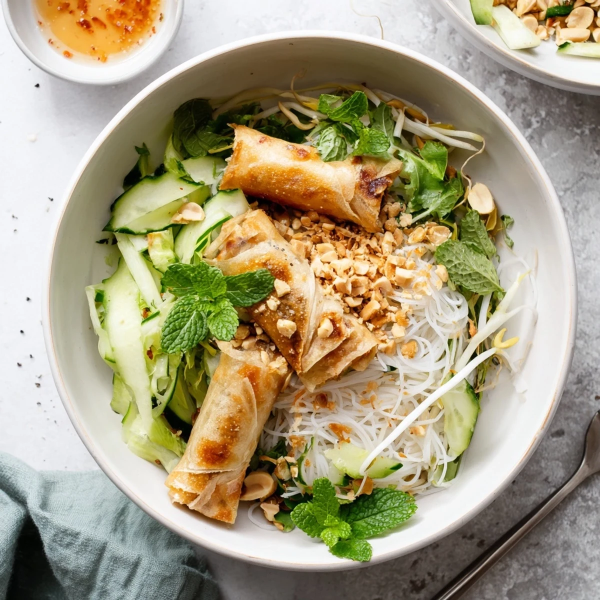Fresh Bun Cha Gio bowl with crispy spring rolls over rice vermicelli, herbs, and crunchy peanuts with nuoc cham sauce.