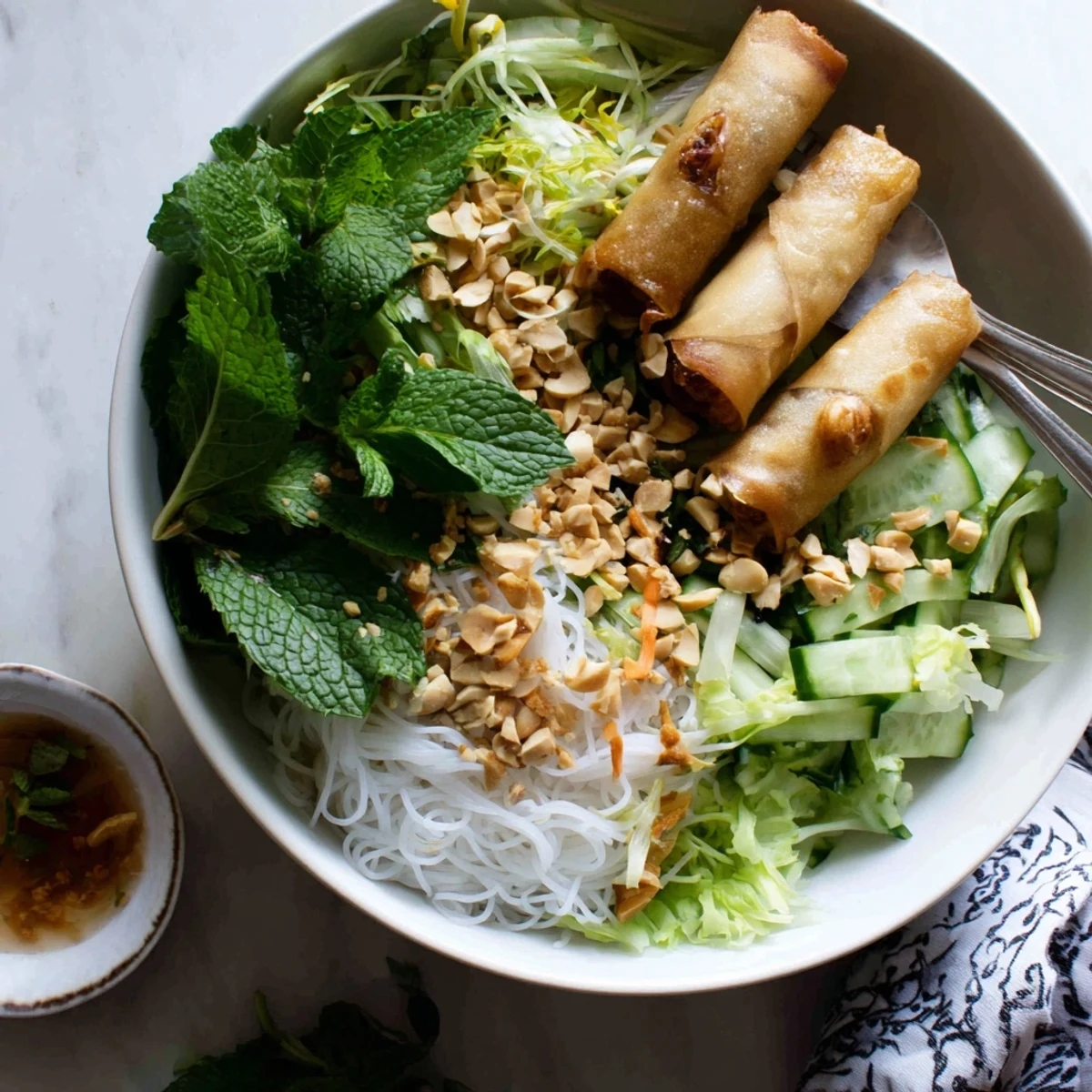 Colorful Bun Cha Gio platter with Vietnamese spring rolls, vermicelli noodles, lettuce, and tangy nuoc cham for a refreshing meal.