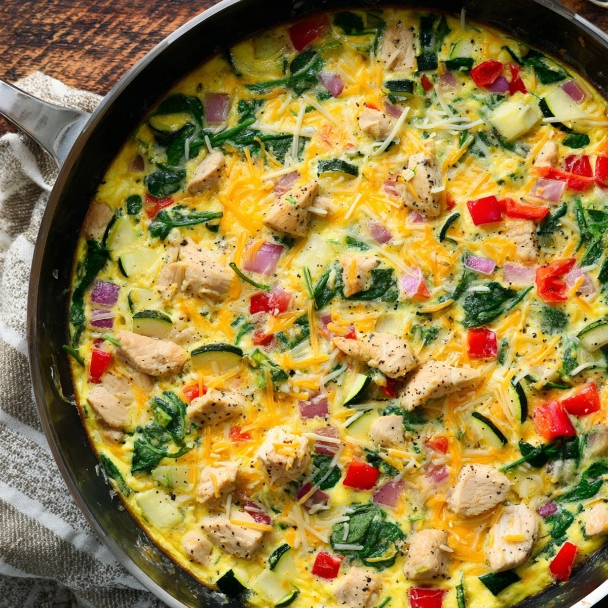 A golden-brown Chicken and Vegetable Frittata baked in a skillet, featuring tender chicken and vibrant bell peppers.