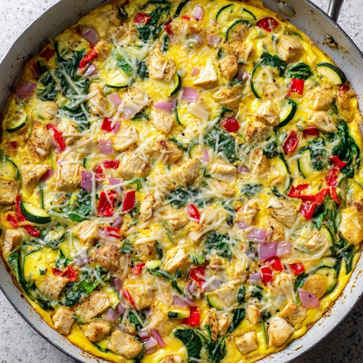 Freshly baked Chicken and Vegetable Frittata with zucchini and onions, served warm for a protein-rich breakfast.