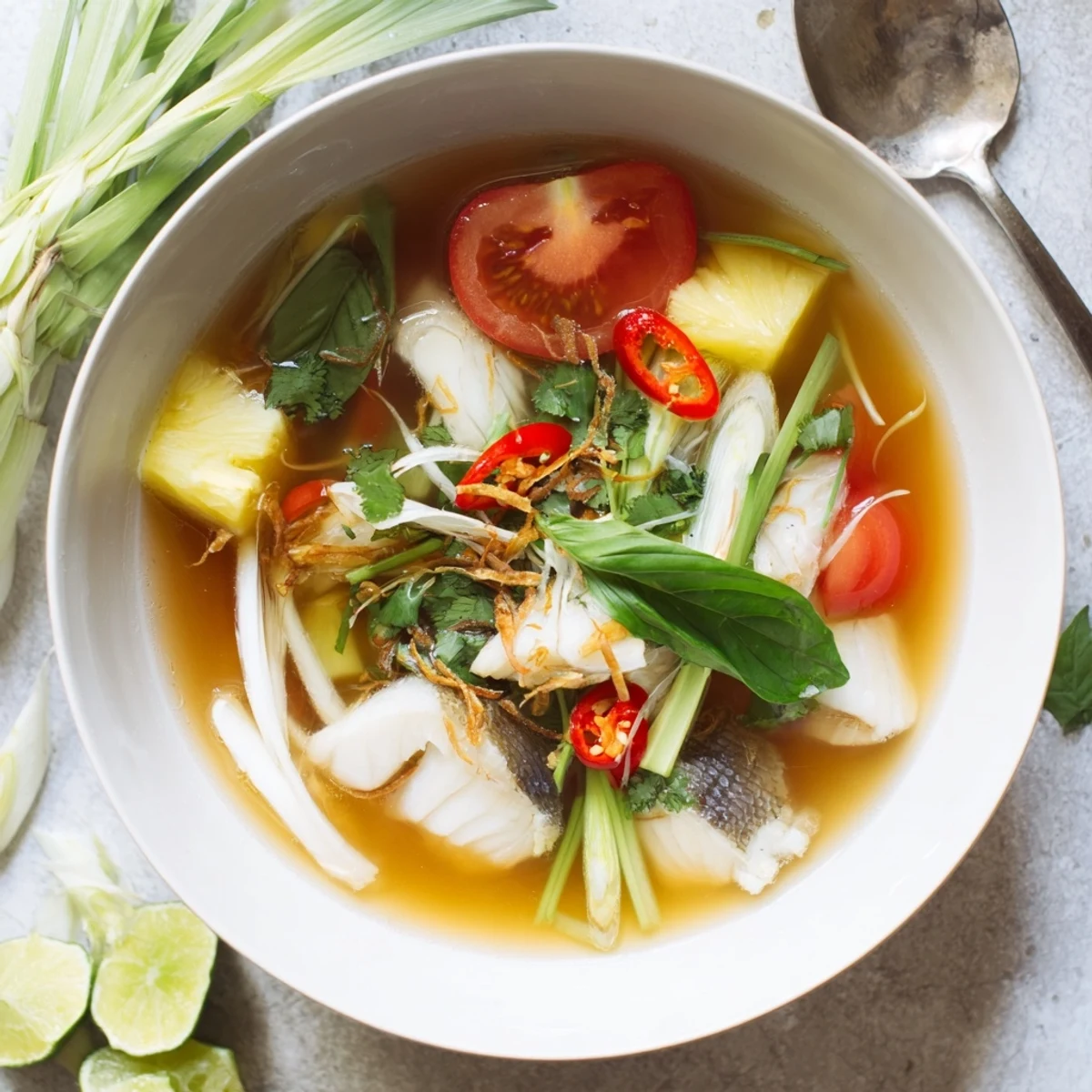 Bright Modern Canh Chua soup with white fish, pineapple chunks, tomatoes, and fresh Thai basil garnish.