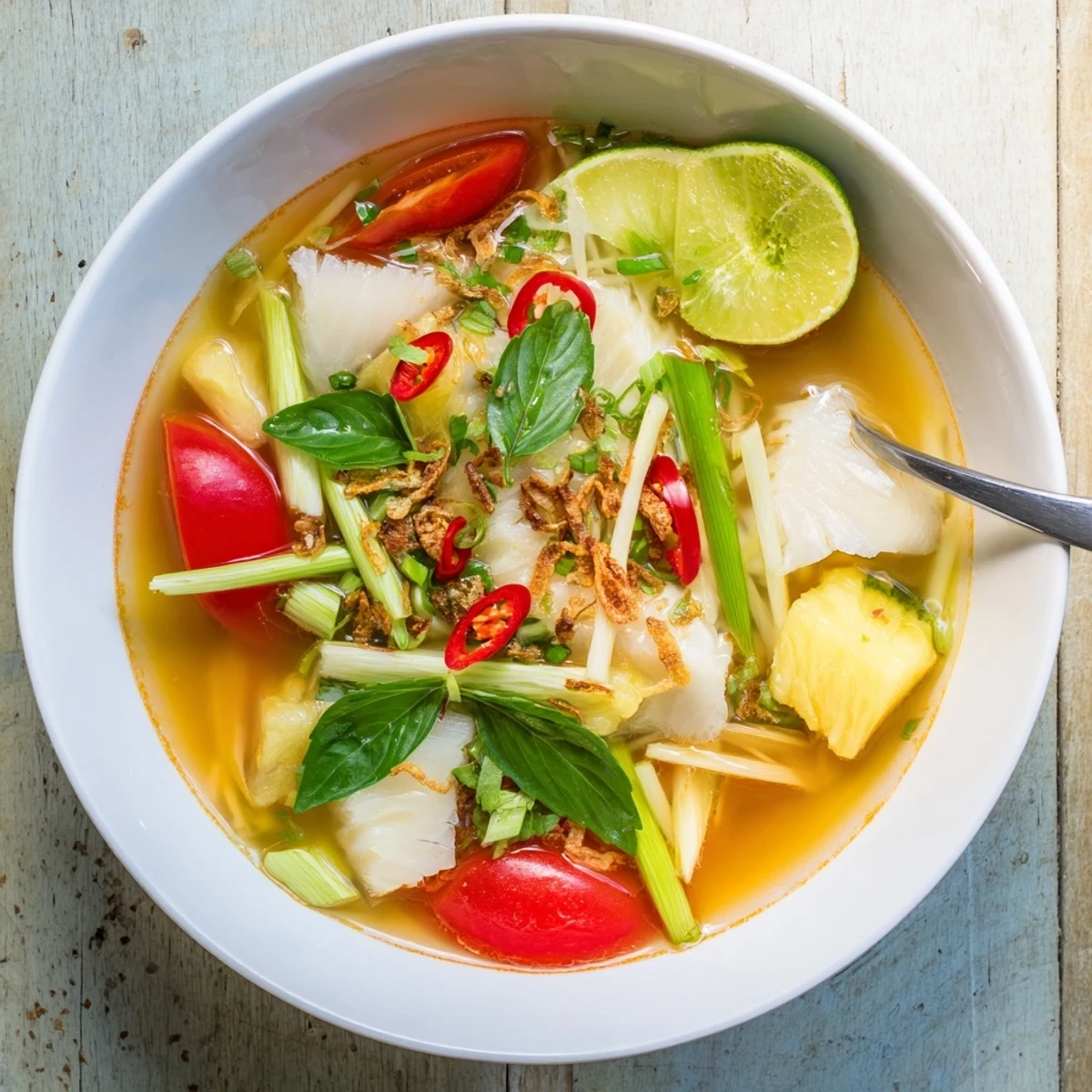 Bowl of Modern Canh Chua sour soup garnished with cilantro and scallions, served with lime wedges.