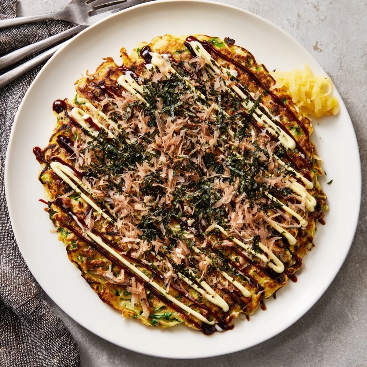 Golden-brown Chicken Okonomiyaki pancake topped with mayo zigzags, bonito flakes, and aonori, with soy sauce bottle nearby.