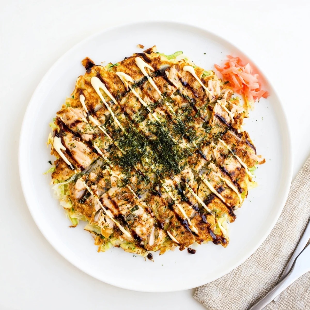 Plated Chicken Okonomiyaki garnished with tangy sauce, Japanese mayo, and pickled ginger, served on a white plate.