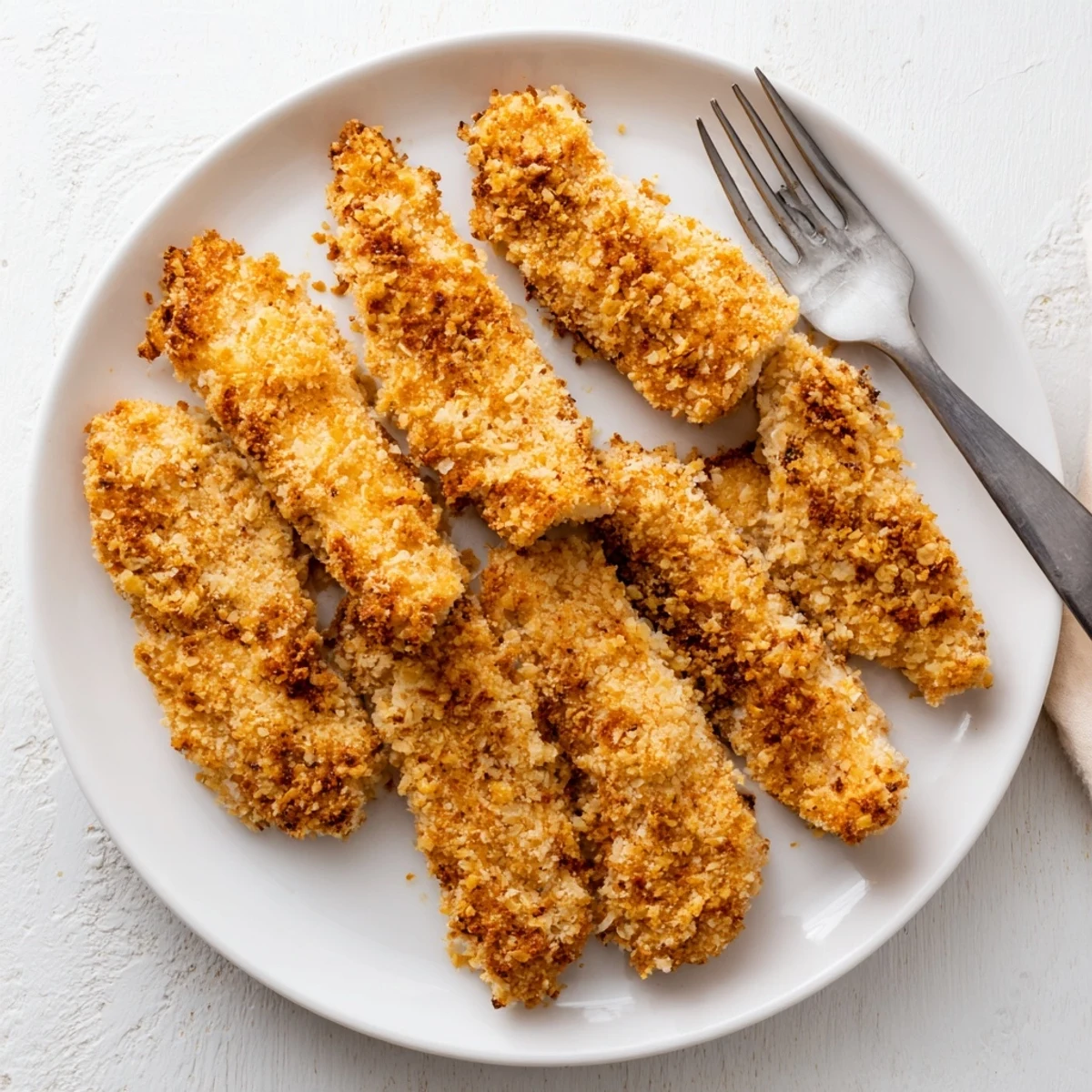 Crispy, golden Panko Crusted Chicken Strips arranged on a plate with dipping sauces.