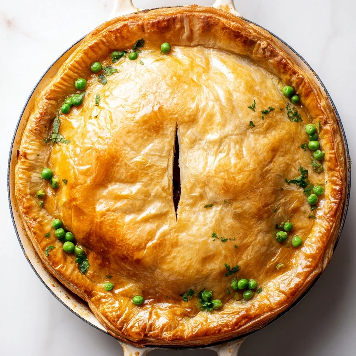 The golden, flaky One Pan Chicken Korma Pie rests in a skillet, revealing creamy, aromatic filling with tender chicken and peas.