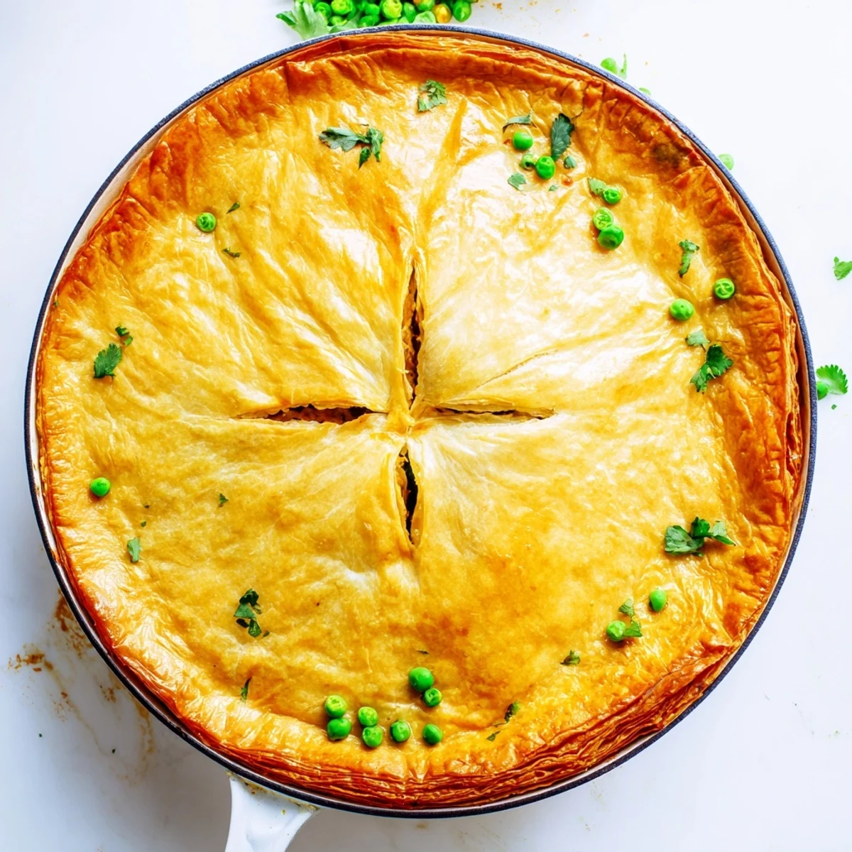 A close-up of the One Pan Chicken Korma Pie shows steam rising from the savory curry, served alongside a fresh green salad.