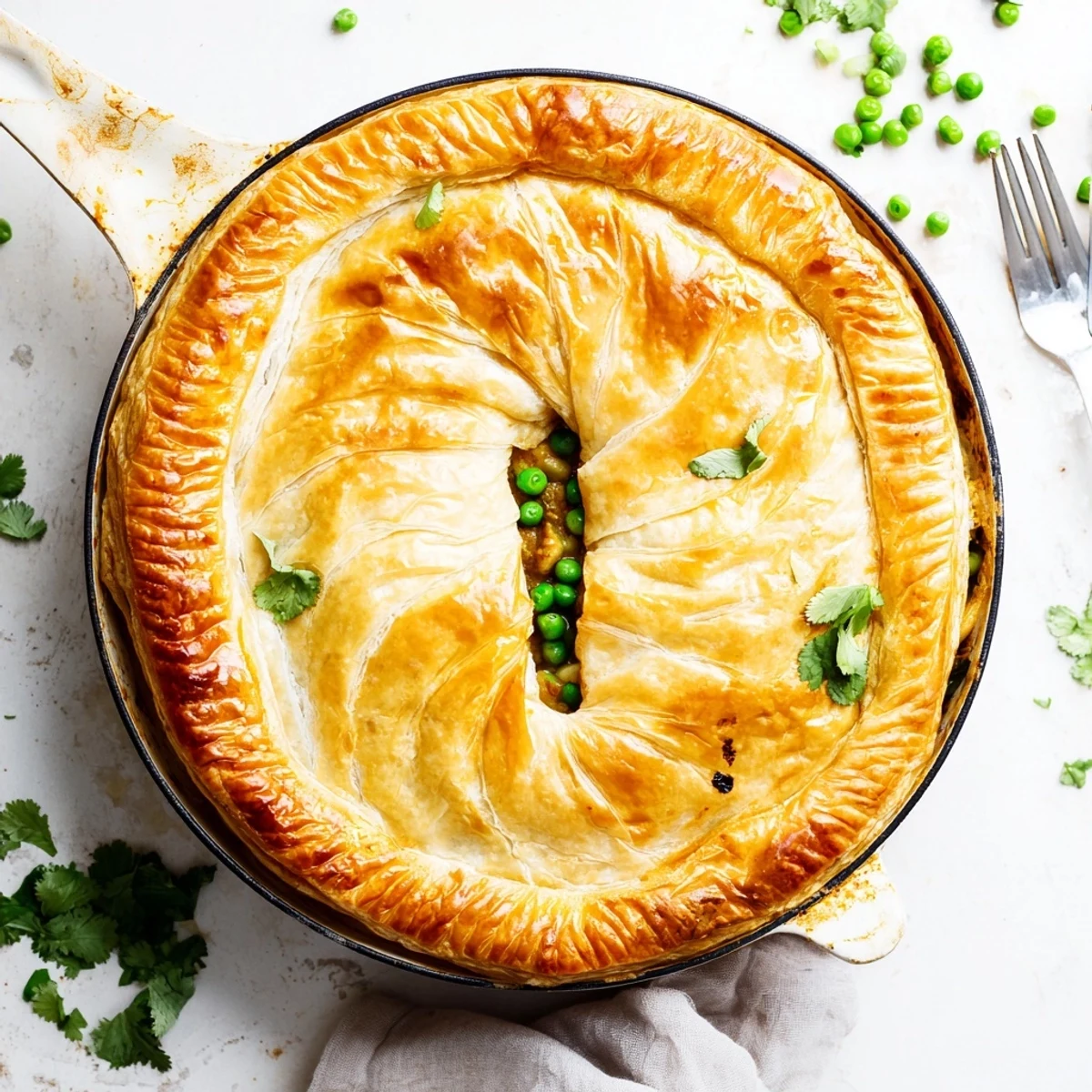 Fresh cilantro garnishes the One Pan Chicken Korma Pie, baked in a skillet with bubbling sauce and a perfectly browned crust.