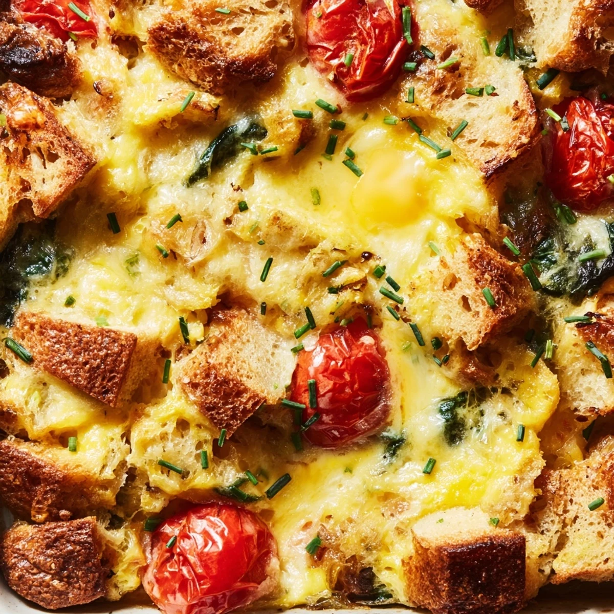 Golden, bubbly Cheesy Breakfast Strata With Roast Cherry Tomatoes emerges from the oven with crusty bread edges.