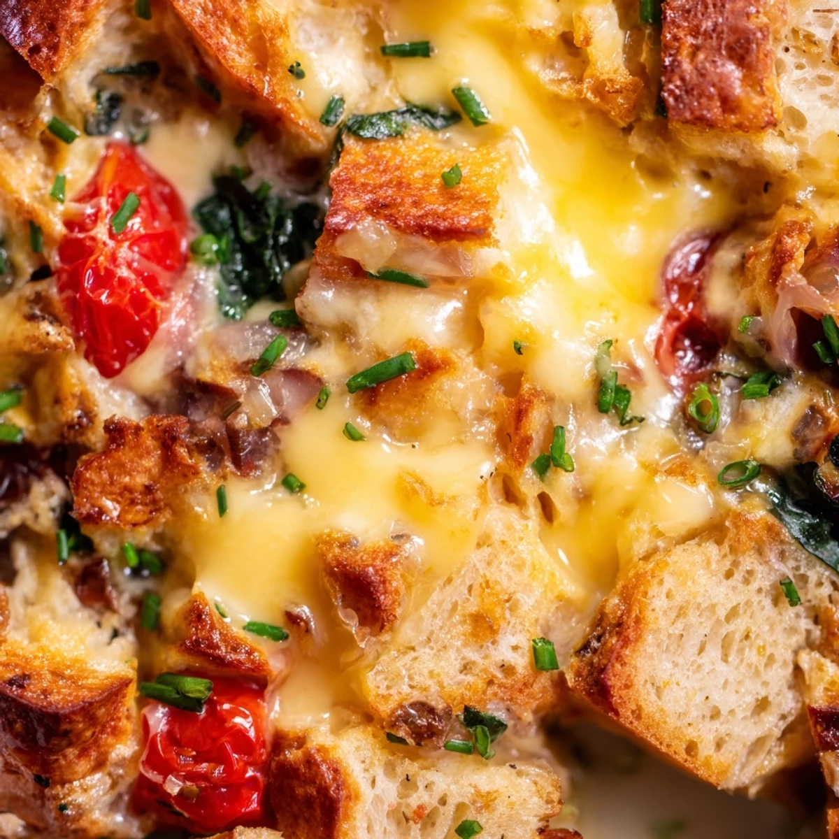 Freshly baked Cheesy Breakfast Strata With Roast Cherry Tomatoes is served warm in a white casserole dish.