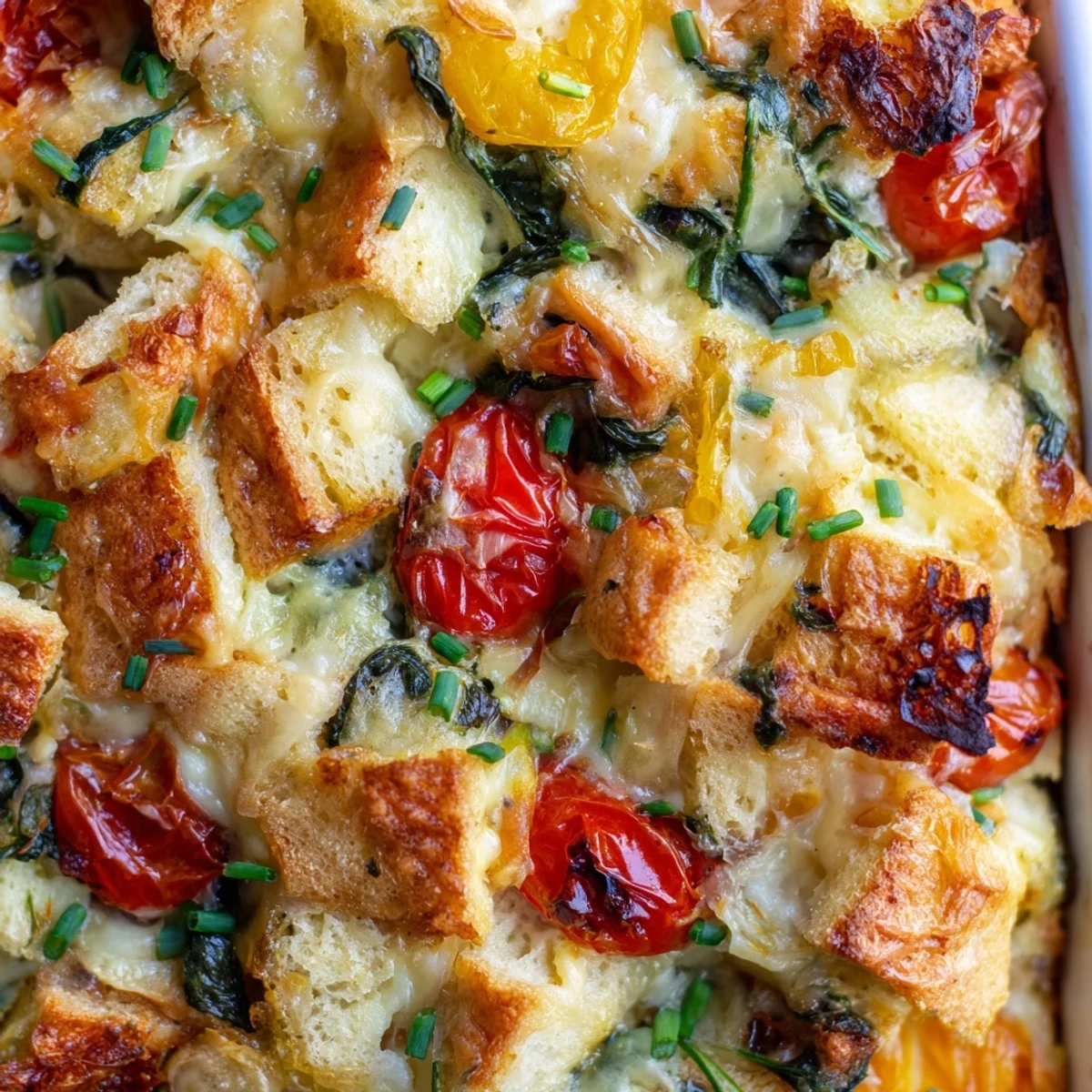 A slice of Cheesy Breakfast Strata With Roast Cherry Tomatoes shows melted cheese and juicy roasted tomatoes.