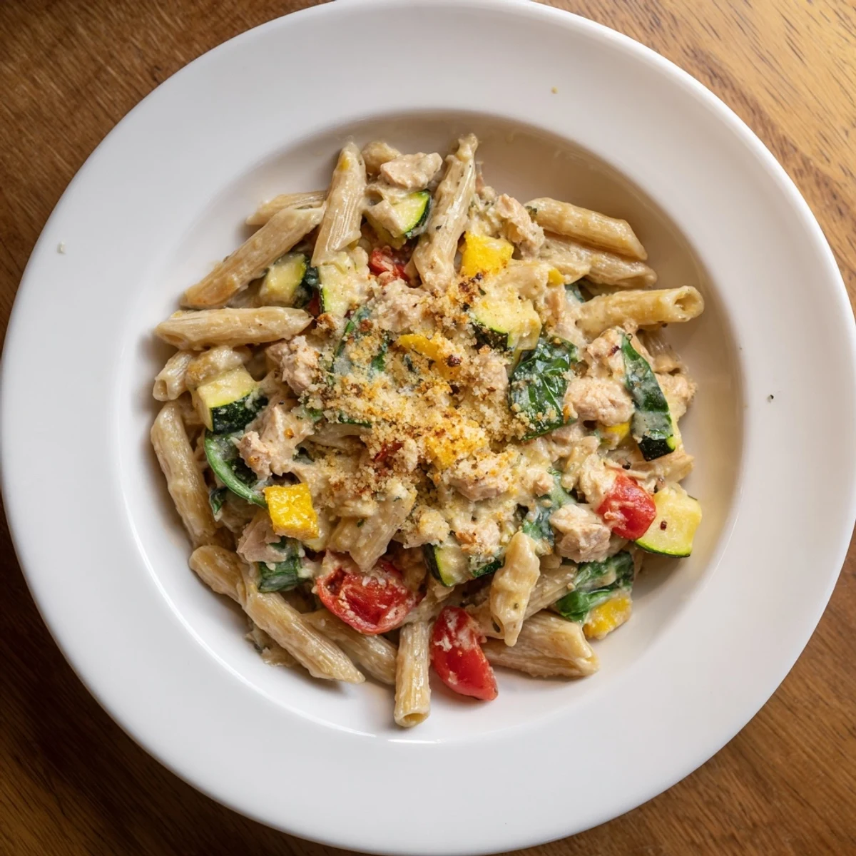 Golden, bubbling Lactose-Free Tuna and Veggie Pasta Bake fresh from the oven.