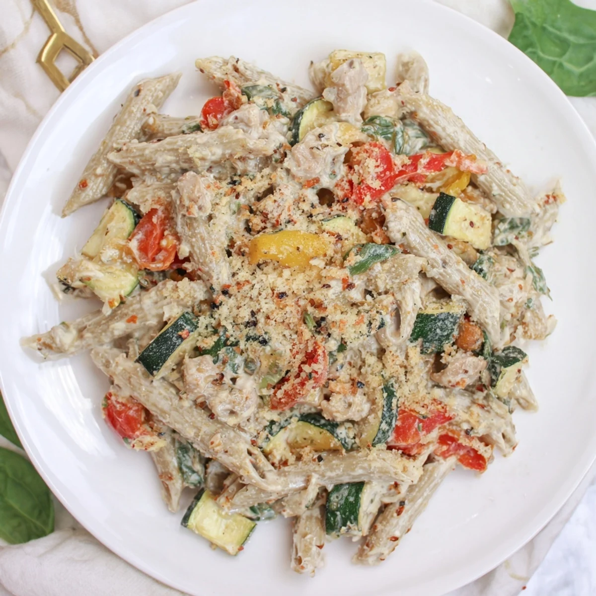 Creamy Lactose-Free Tuna and Veggie Pasta Bake served on a rustic plate.