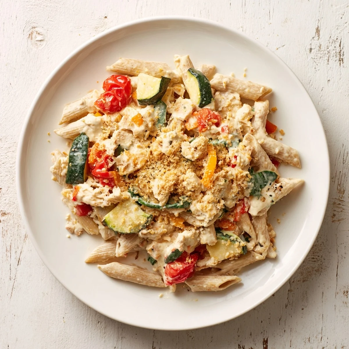 Lactose-Free Tuna and Veggie Pasta Bake topped with golden breadcrumbs and herbs.